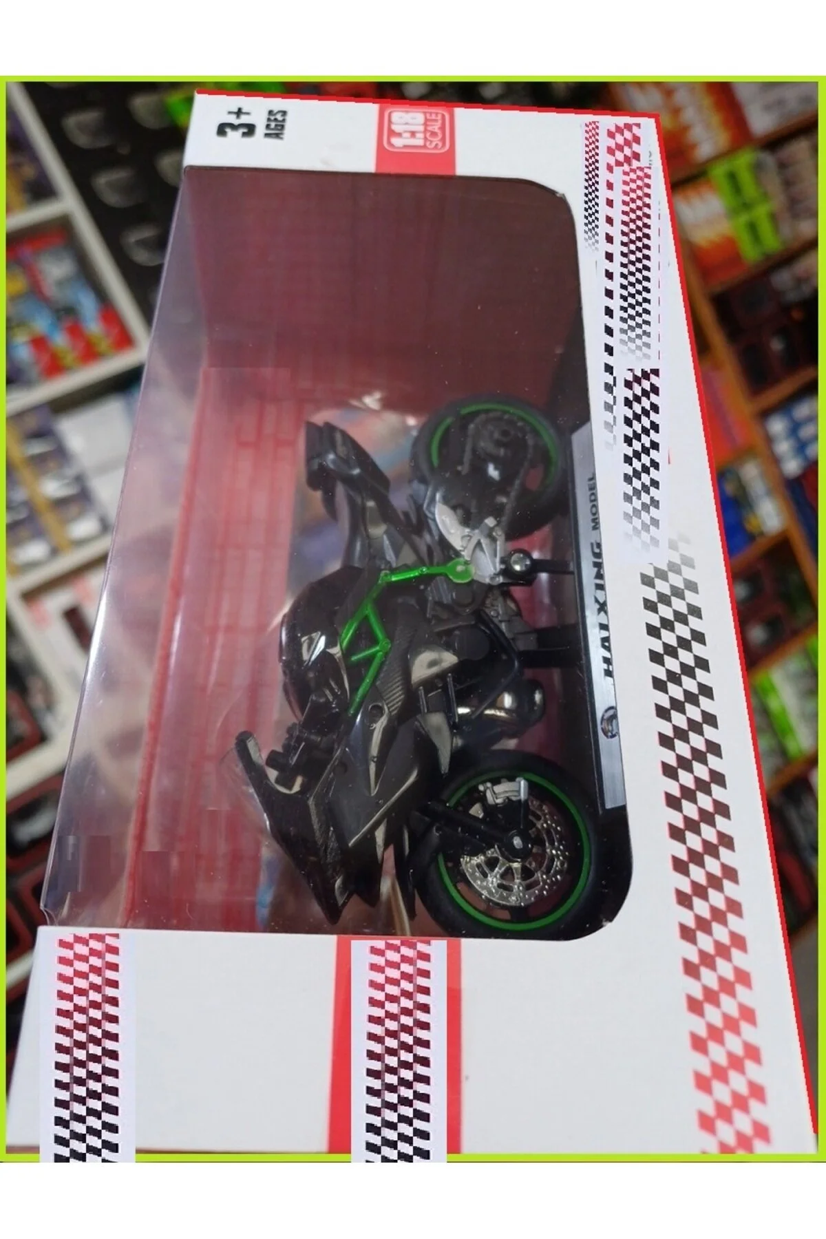 ماشین اسباب بازی موتور سیکلت کاوازاکی نینجا ZX6R مدل 110 میلی متری مجموعه فلزی + پایه OYUNCAKSAHİLİ