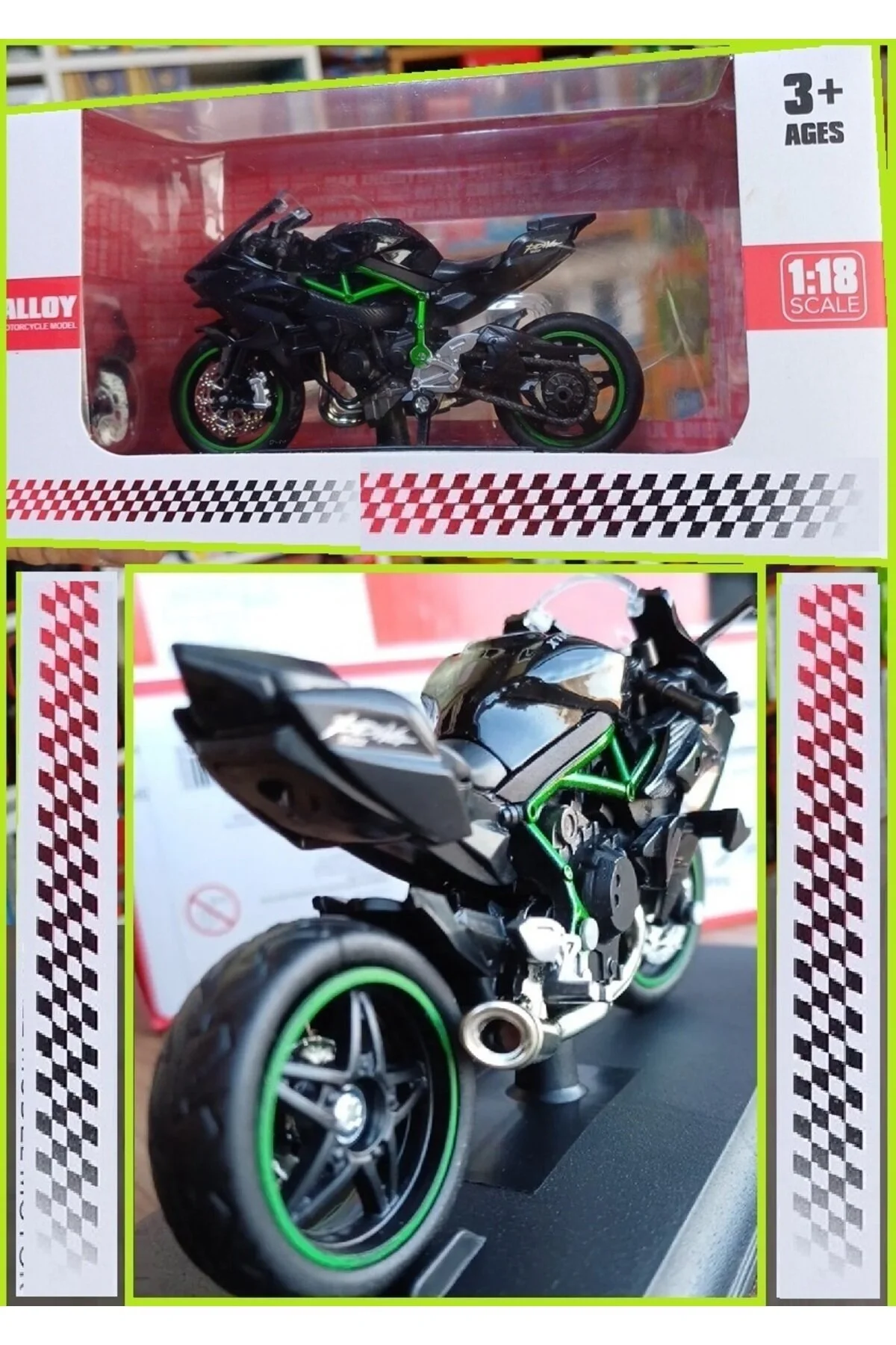 ماشین اسباب بازی موتور سیکلت کاوازاکی نینجا ZX6R مدل 110 میلی متری مجموعه فلزی + پایه OYUNCAKSAHİLİ