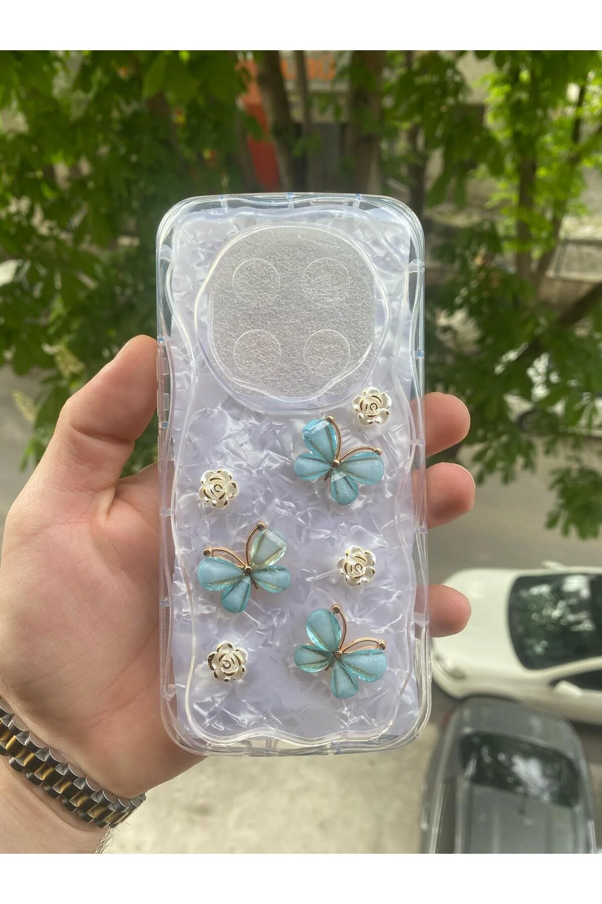 کاور و قاب سازگار HONOR MAGIC 7 LITE 5 بعدی نقش برجسته پروانه ای با طرح لبه های براق شفاف AQUA AKSESUAR