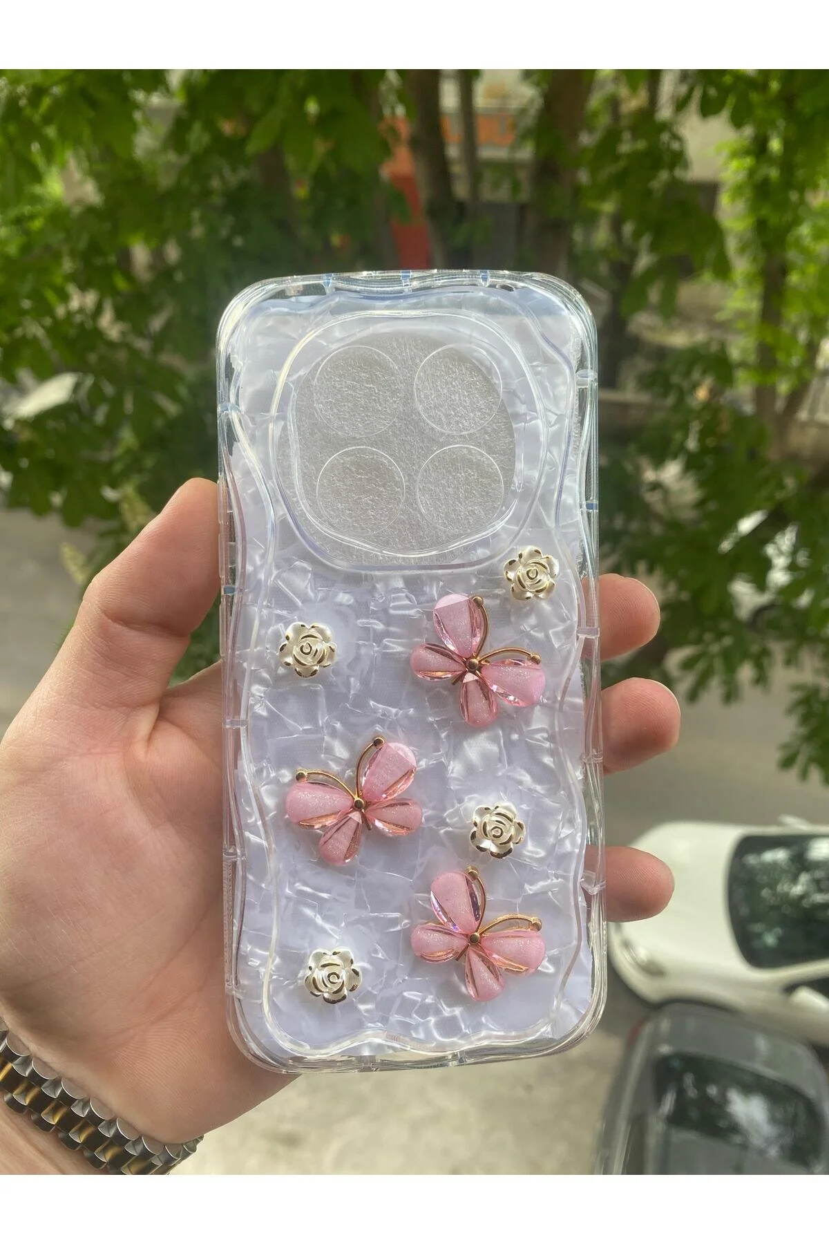 کاور و قاب محافظ شیائومی REDMI NOTE 14 PRO 5G سازگار با لبه‌های طرح گل پروانه‌ای برجسته 5 بعدی شفاف AQUA AKSESUAR