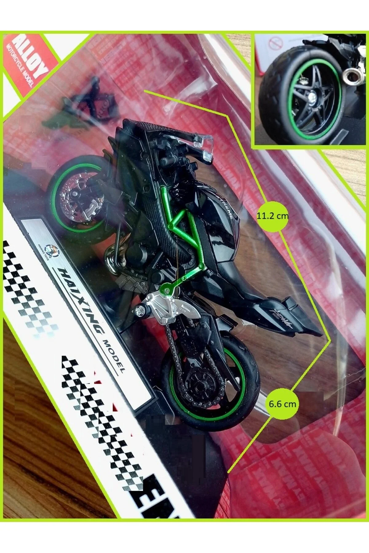ماشین اسباب بازی موتور سیکلت کاوازاکی نینجا ZX6R مدل 110 میلی متری مجموعه فلزی + پایه OYUNCAKSAHİLİ