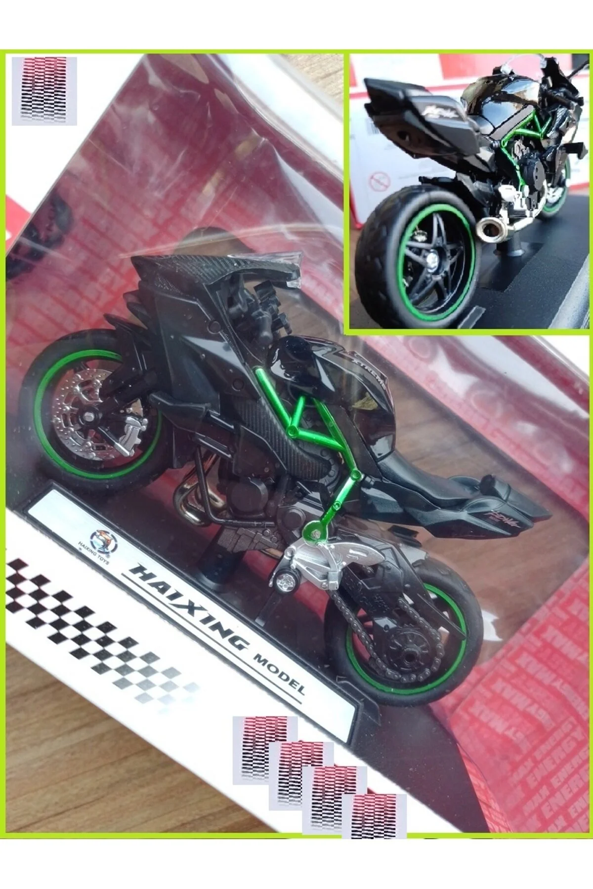 ماشین اسباب بازی موتور سیکلت کاوازاکی نینجا ZX6R مدل 110 میلی متری مجموعه فلزی + پایه OYUNCAKSAHİLİ