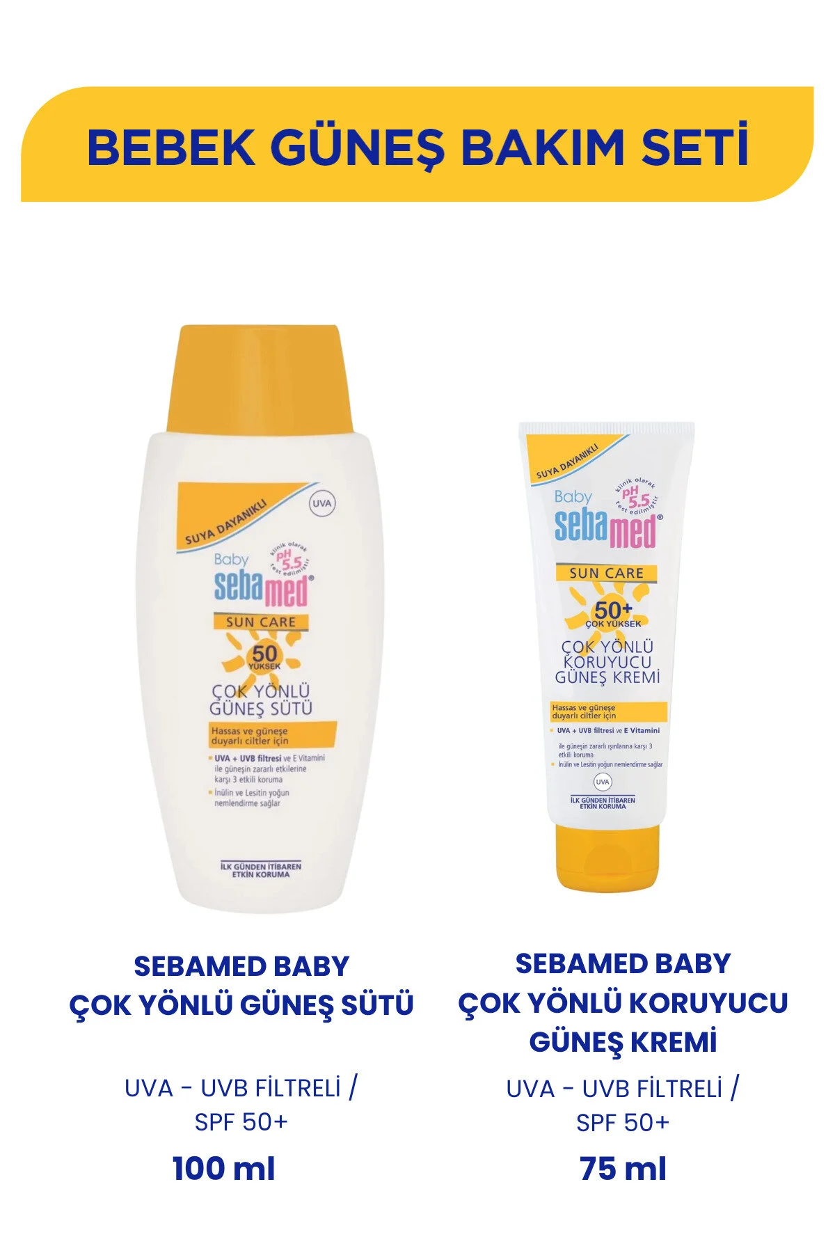 کرم ضد آفتاب کودک پسرانه و دخترانه بچگانه SUN CARE SPF 50+ مجموعه مراقبت از شیر همه جانبه 100 میل خورشید 75 Sebamed Baby