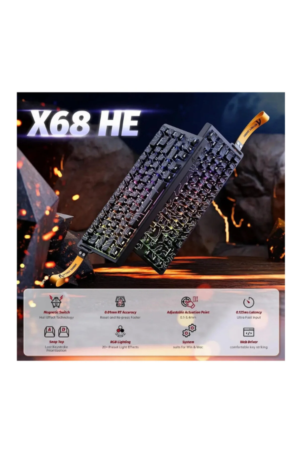 کیبورد مخصوص بازی حمله به کوسه X68HE RAPID ماشه 0.125MS سوئیچ MLANTATIC RGB برنامه قابل اجرا صفحه کلید Genel Markalar