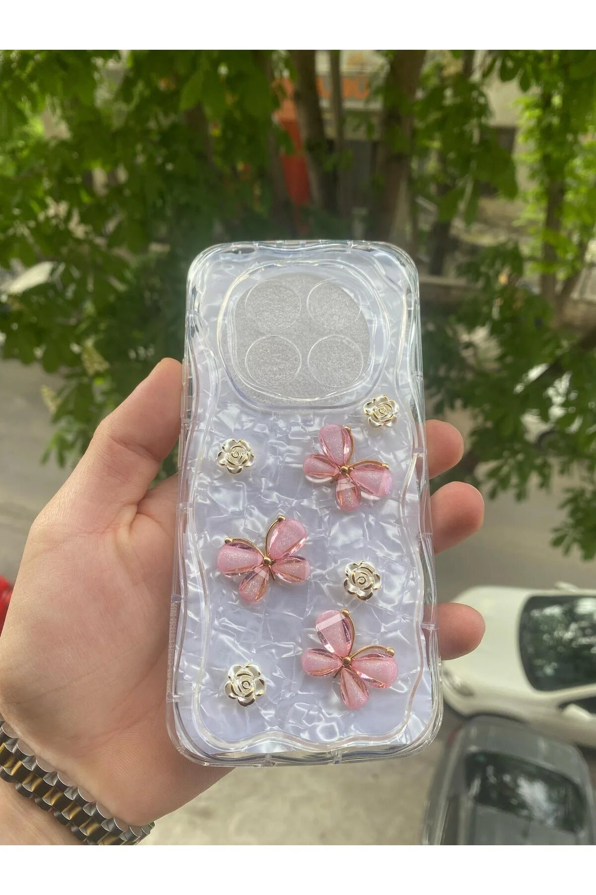 کاور و قاب محافظ شیائومی REDMI NOTE 14 PRO 5G سازگار با لبه‌های طرح گل پروانه‌ای برجسته 5 بعدی شفاف AQUA AKSESUAR