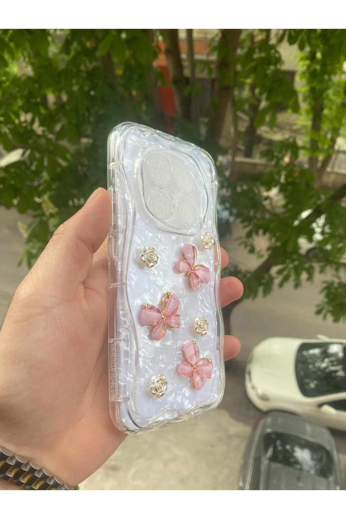 کاور و قاب محافظ شیائومی REDMI NOTE 14 PRO 5G سازگار با لبه‌های طرح گل پروانه‌ای برجسته 5 بعدی شفاف AQUA AKSESUAR