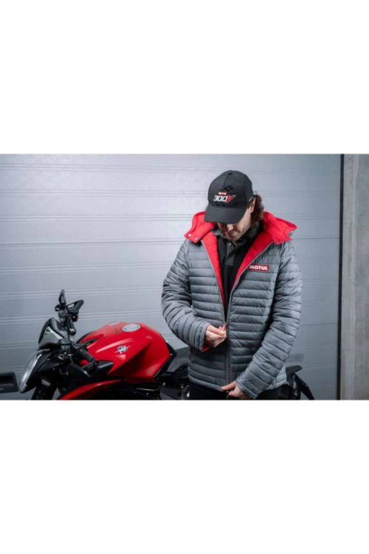کاپشن مردانه کت بادی دو طرفه خاکستری قرمز Motul