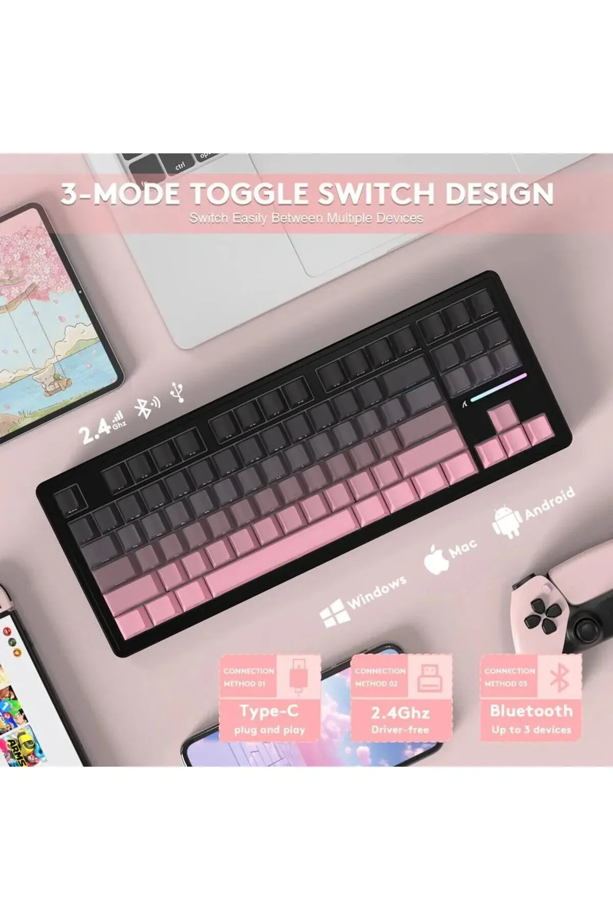 کیبورد مخصوص بازی ATTACK SHARK M87 PROV2 HOTSWAP JADE SWITCH مکانیکی RGB TRIPLEMODE PROFESSIONAL GAMING PLAYER DarkRage