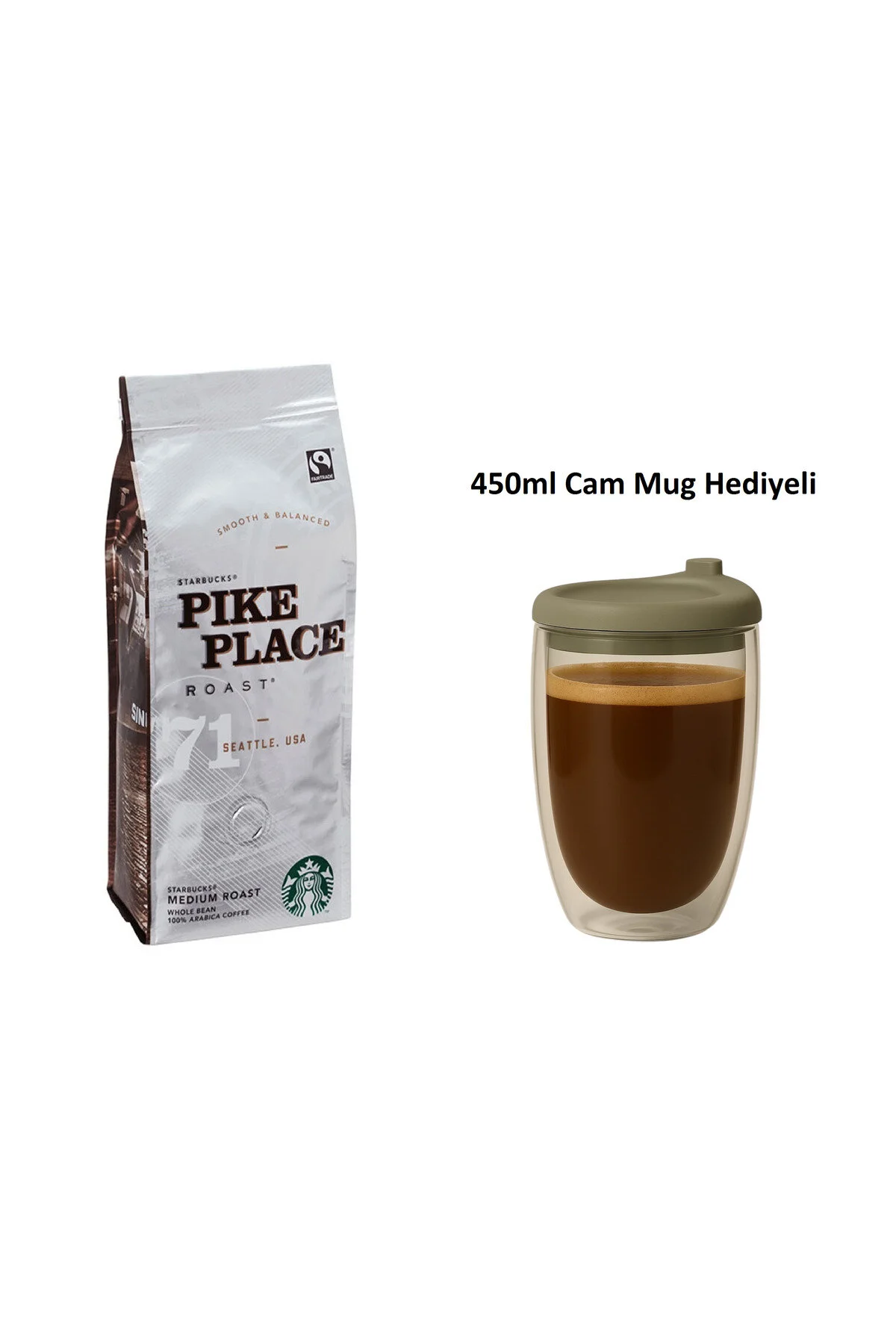قهوه فیلتر و دانه کامل ® 250 گرم های PIKE PLACE + لیوان شیشه ای 450 میلی لیتر همراه با هدیه استارباکس Starbucks