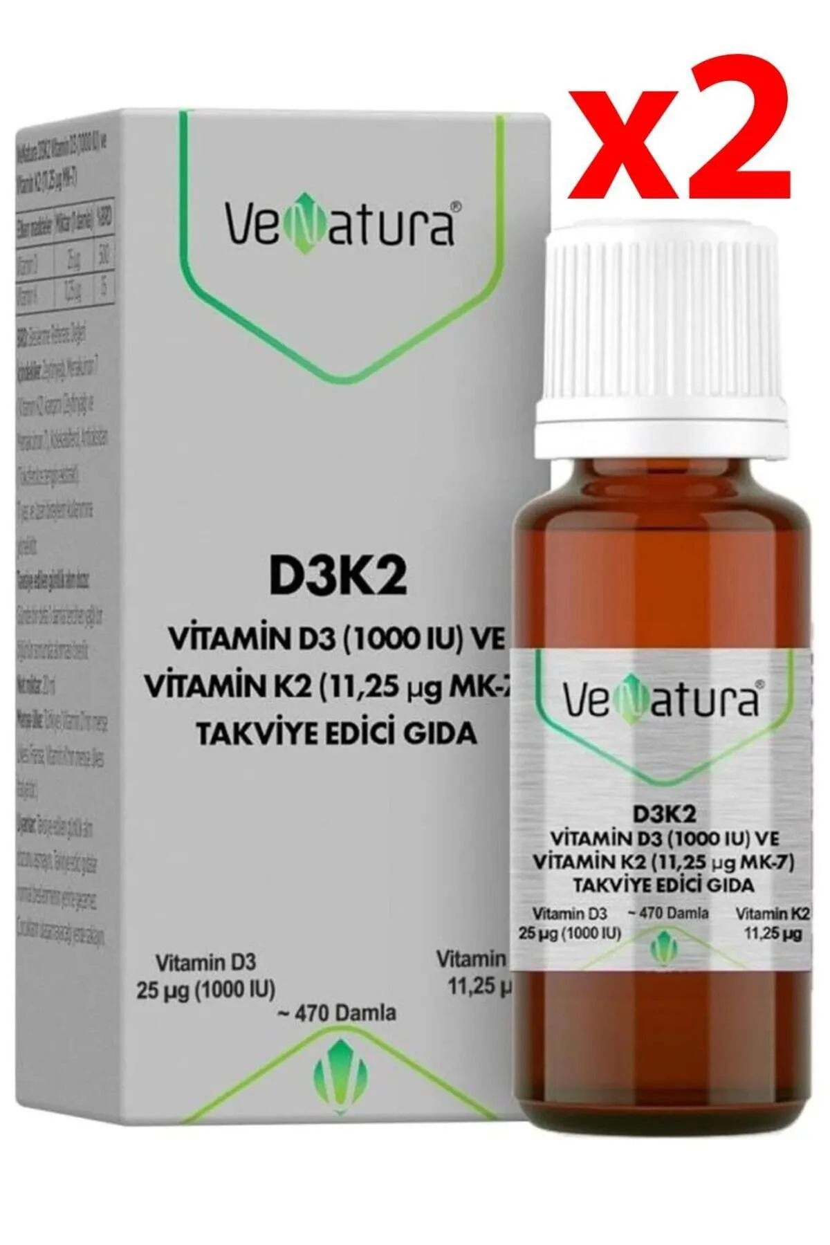 مکمل ویتامین D3 1000 IU و ویتامین K2 11.25 میکروگرم مدل MK-7 بسته 2 عددی واناتورا Venatura