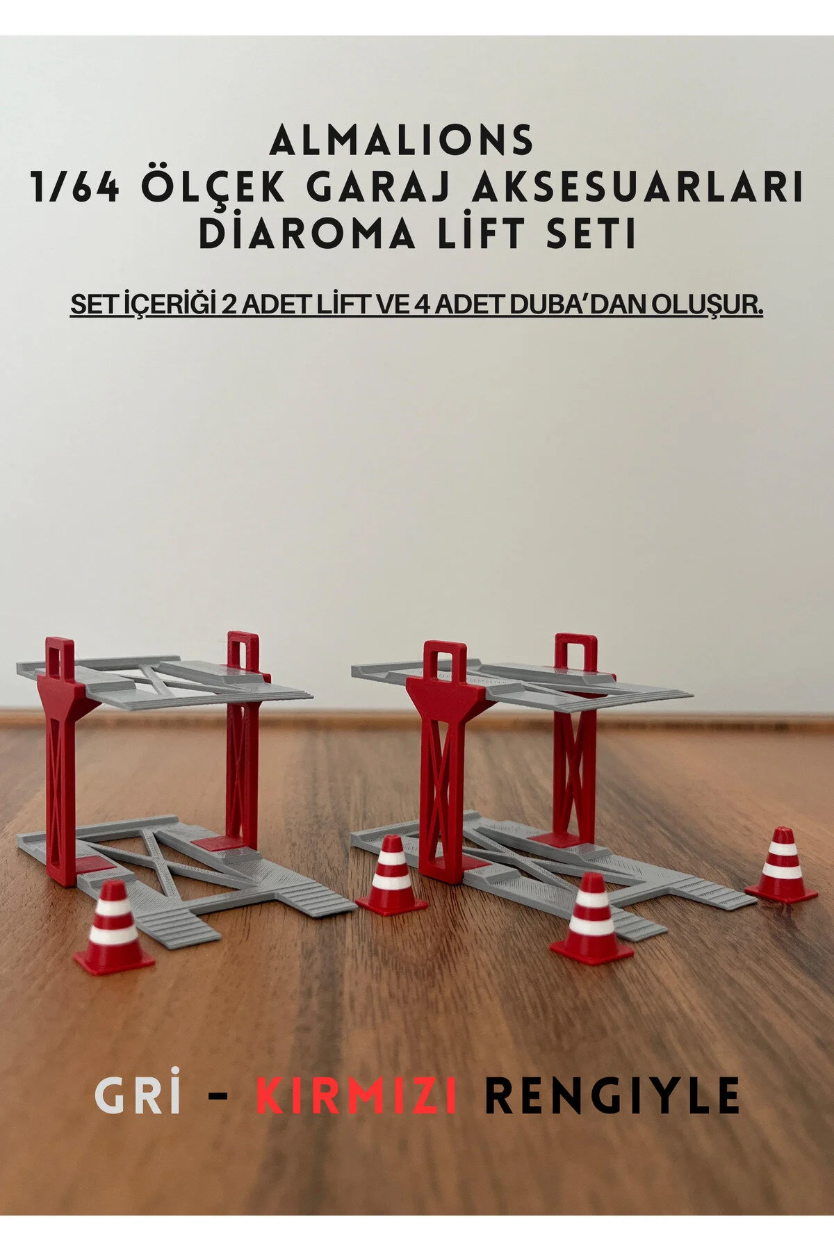 ماشین اسباب بازی 1 64 SCALE DIAROMA CAR LIFT 2 PIECES + 4 PONTOON GARAGE لوازم جانبی خاکستری قرمز almalions