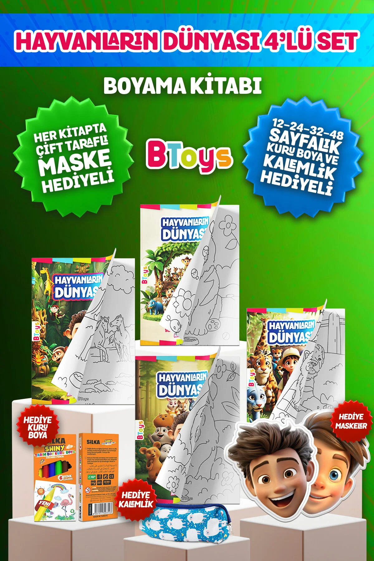 کتاب های رنگ آمیزی مجموعه دنیای حیوانات خشک ماسک و هدیه جعبه مداد BToys