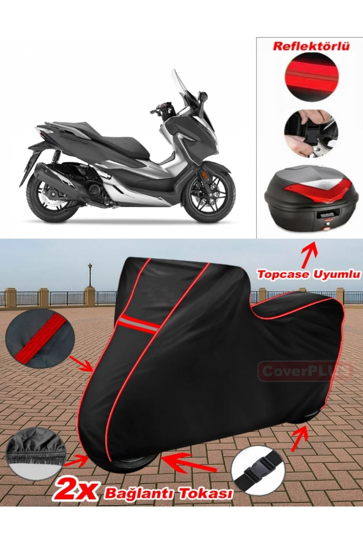 چادر موتورسیکلت قرمز HONDA NSS300 FORZA BRANDA مشکی TOPCASE کیسه عقب سازگار با موتور توقف CoverPlus