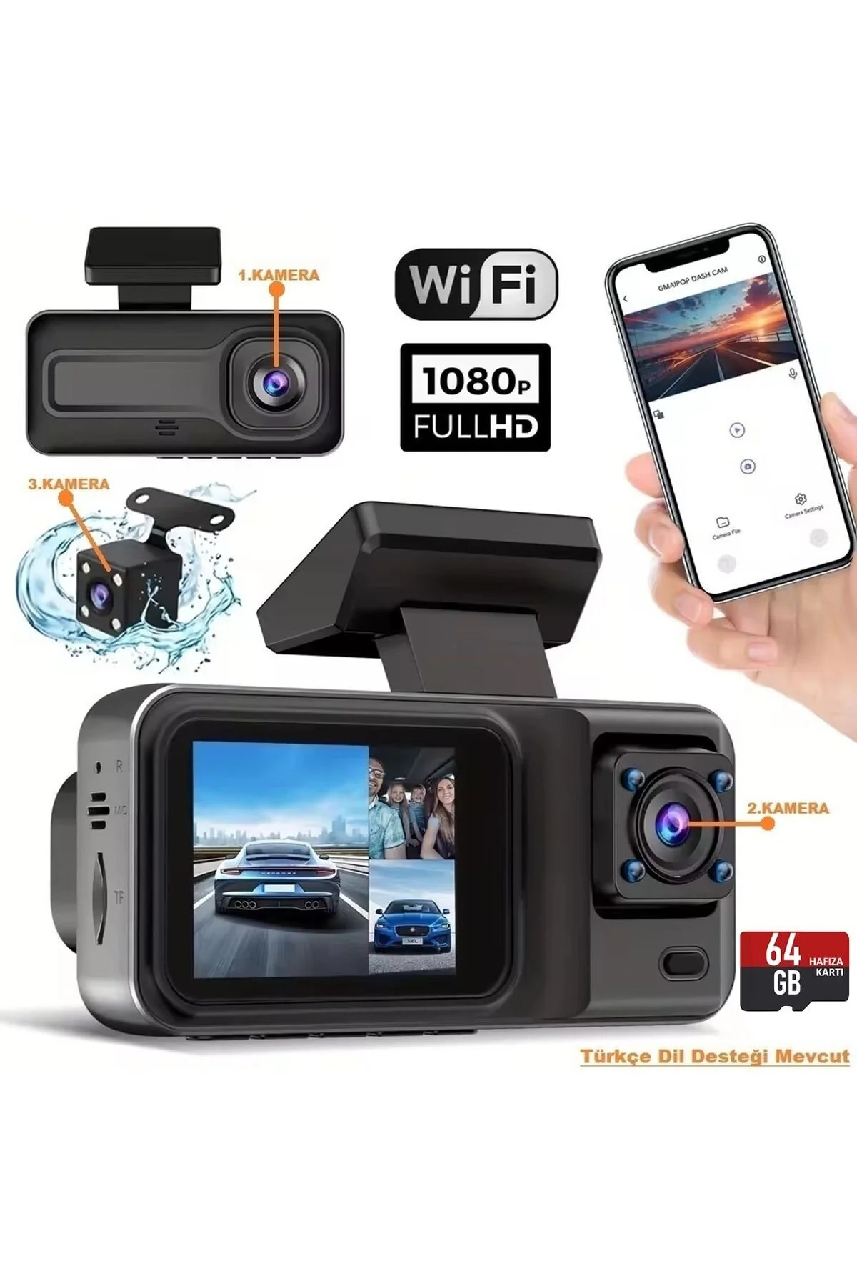 دوربین داشبورد سه جلو + داخلی عقب DASH CAMERA WIFI VIIDURE APP MPIA CC38 64GB EN SİGA