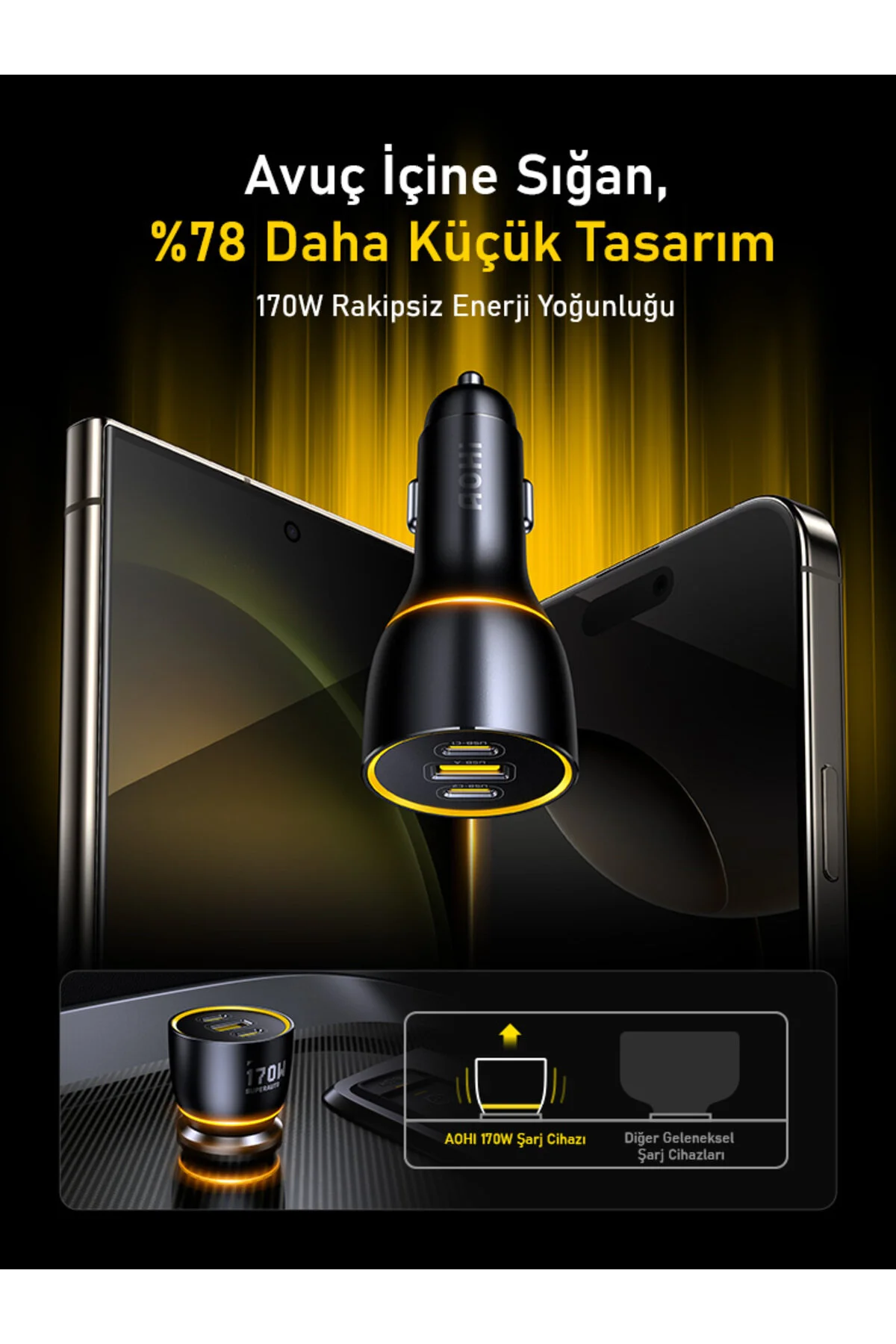 شارژر خودرو سوپر اتوموبیل 3 پورت PD 170W TYPE C و USB A آداپتور فندکی با شارژ سریع Aohi
