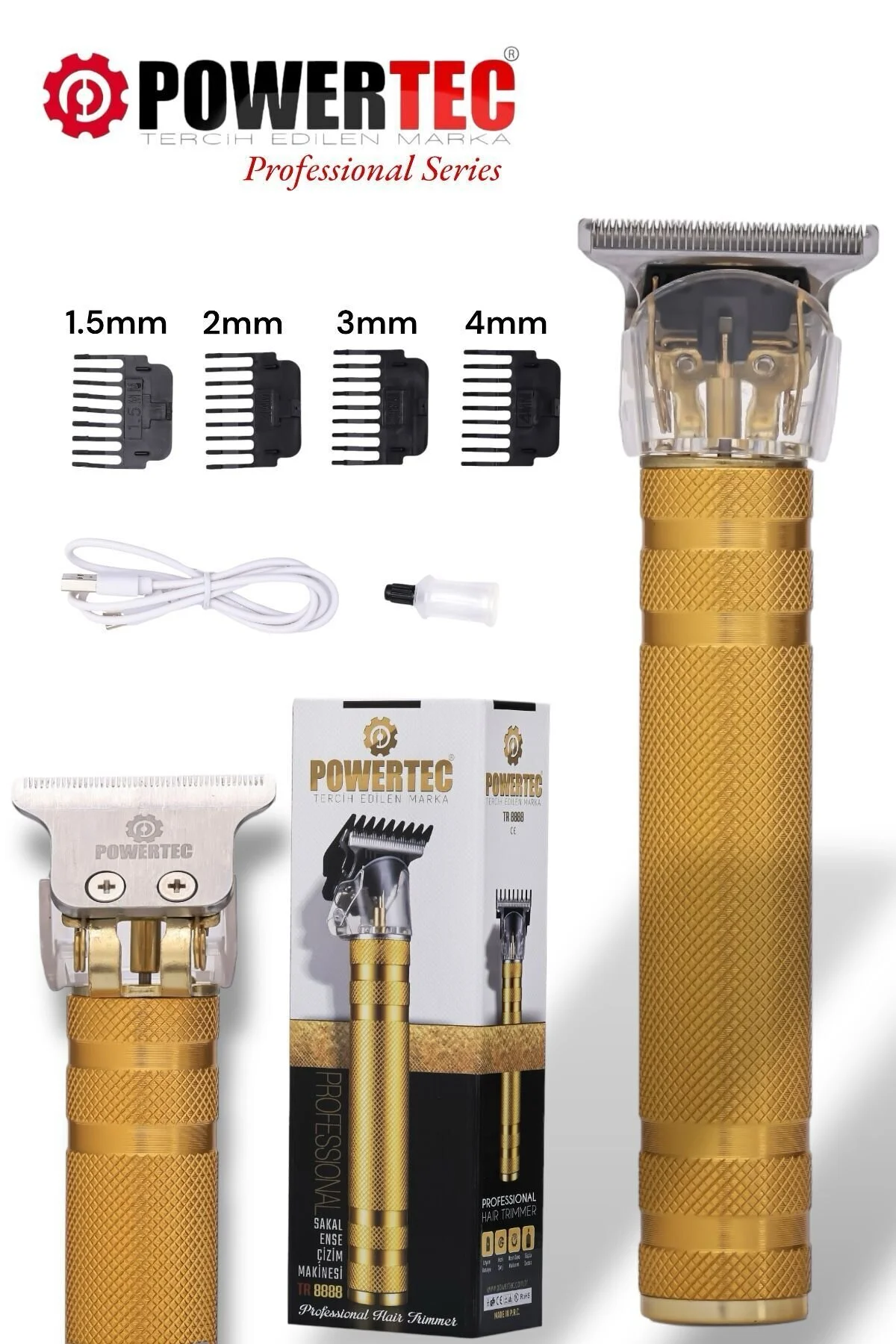 ماشین اصلاح طلایی مردانه برقی Tr 8888 حرفه ای Usb شارژ شده پاورتچ  Powertec