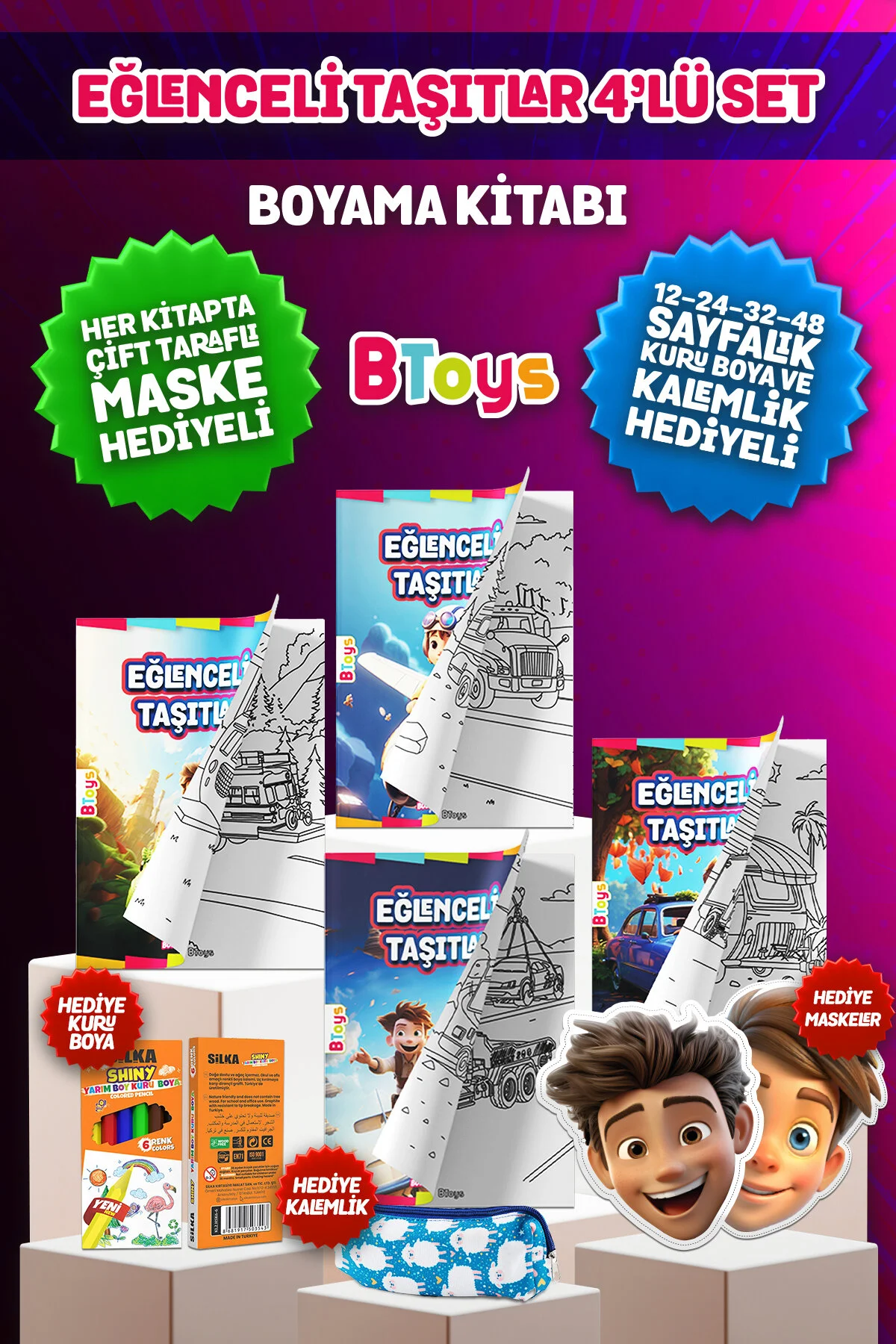 کتاب های رنگ آمیزی مجموعه وسایل نقلیه سرگرم کننده خشک ماسک و هدیه جعبه مداد BToys