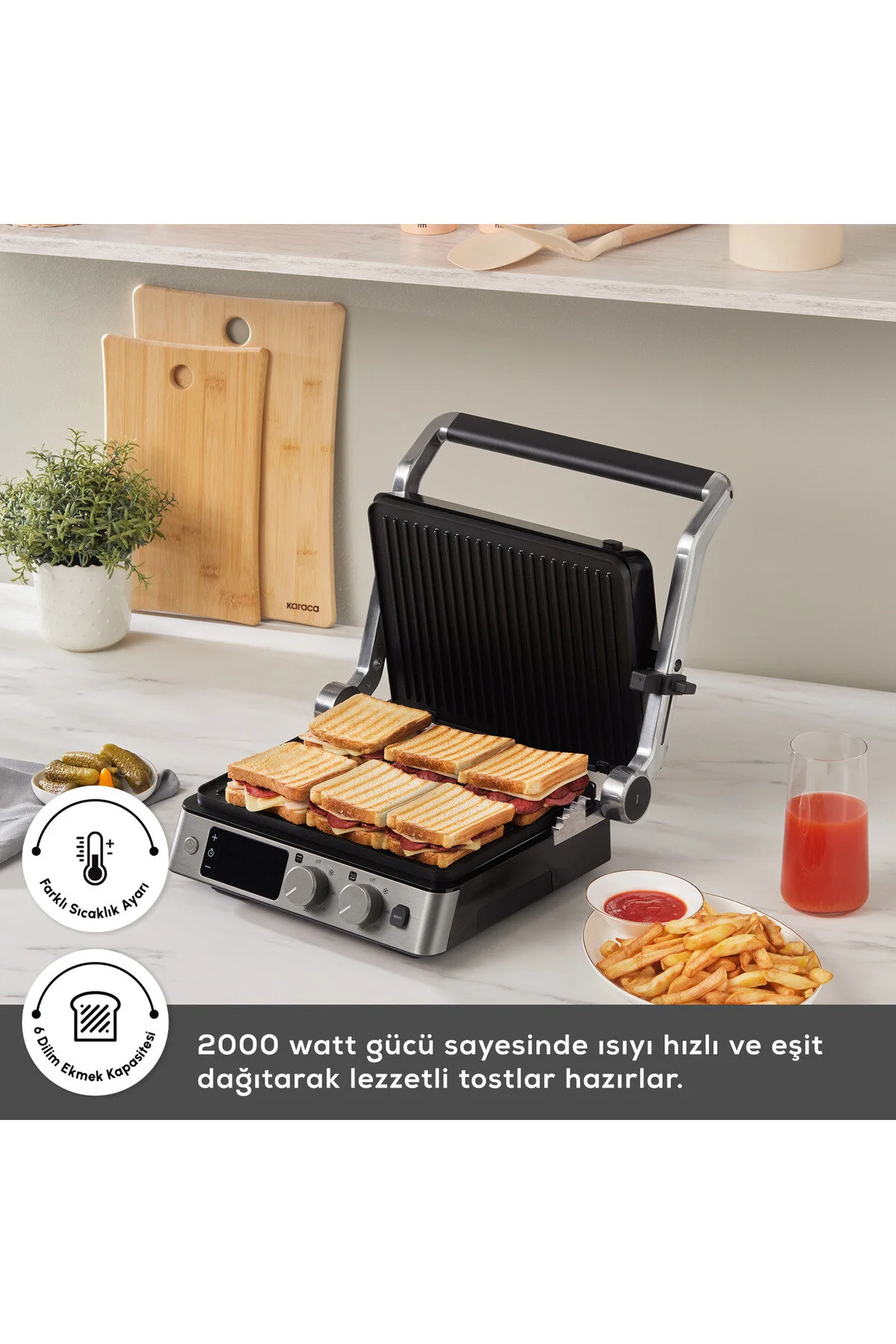 دستگاه ساندویچ و تست GRILL AND TOASTER 2 PRODUCT 1 DIGITAL INOX 6 SLICE TOAST MACHINE 2000W کاراجا Karaca