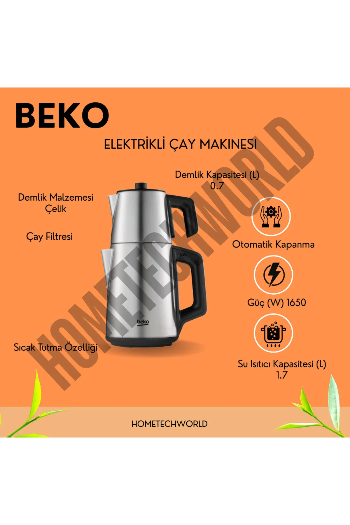 چای ساز قوری 1650 وات ظرفیت 1.7 لیتری 0.7 لیتر Beko