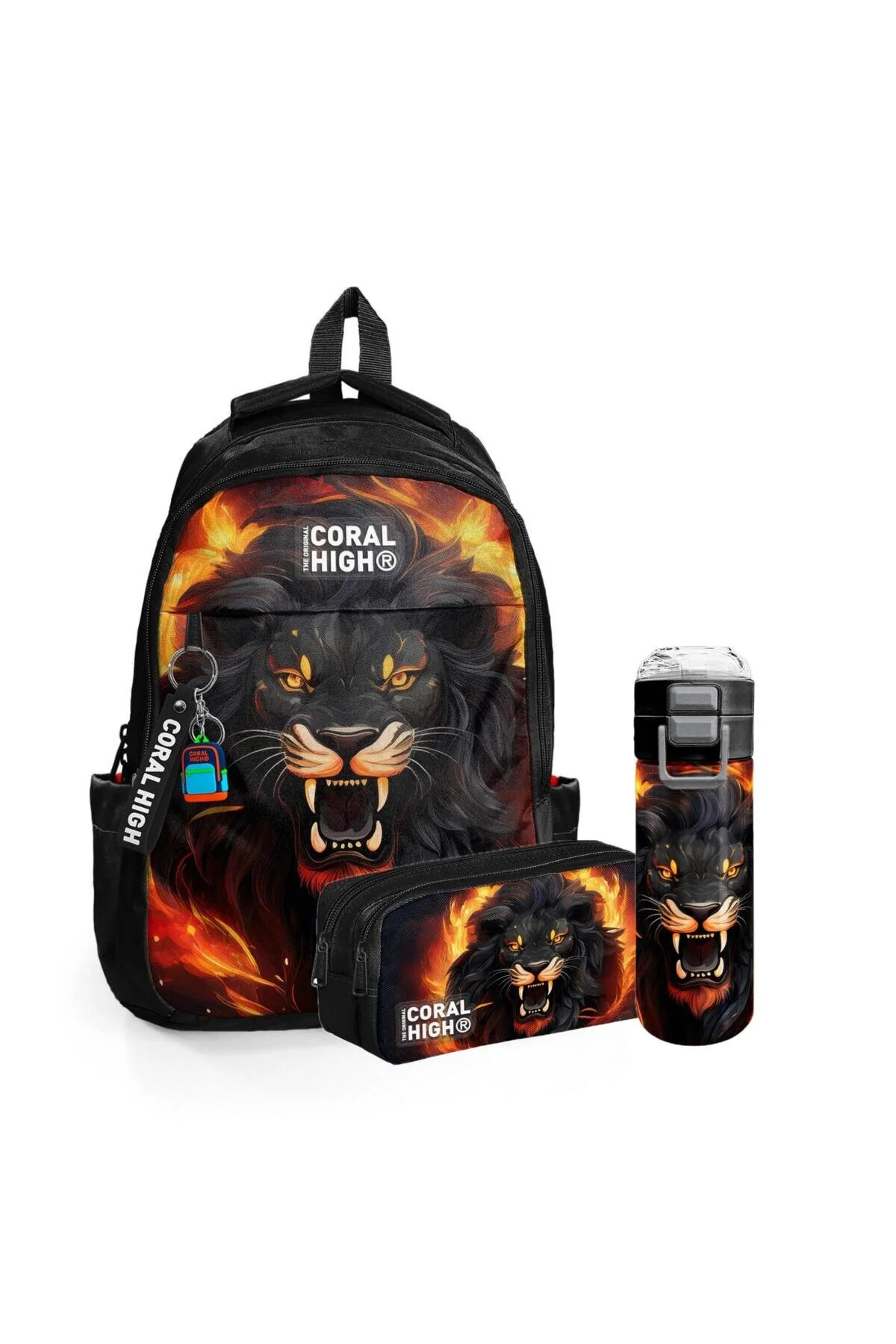کیف مدرسه ست 3 تکه با طرح شیر سیاه کودکان جا خودکار بطری آب Coral High
