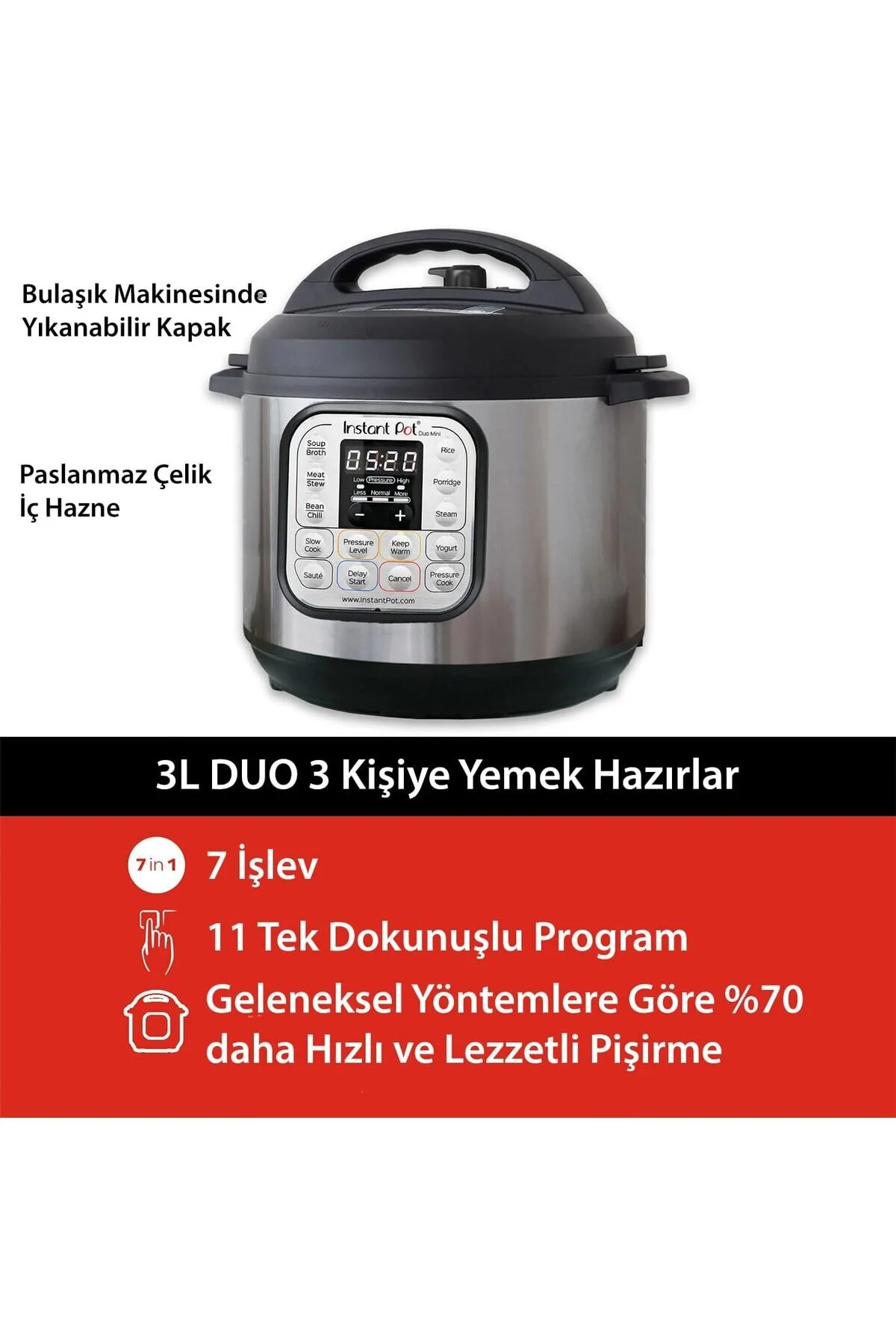 پلوپز چندکاره بخارپز INSTANT DUO MINI 7 IN 1 با قابلمه فولادی ضد زنگ 3 لیتری ماست ساز اورجینال Instant Pot