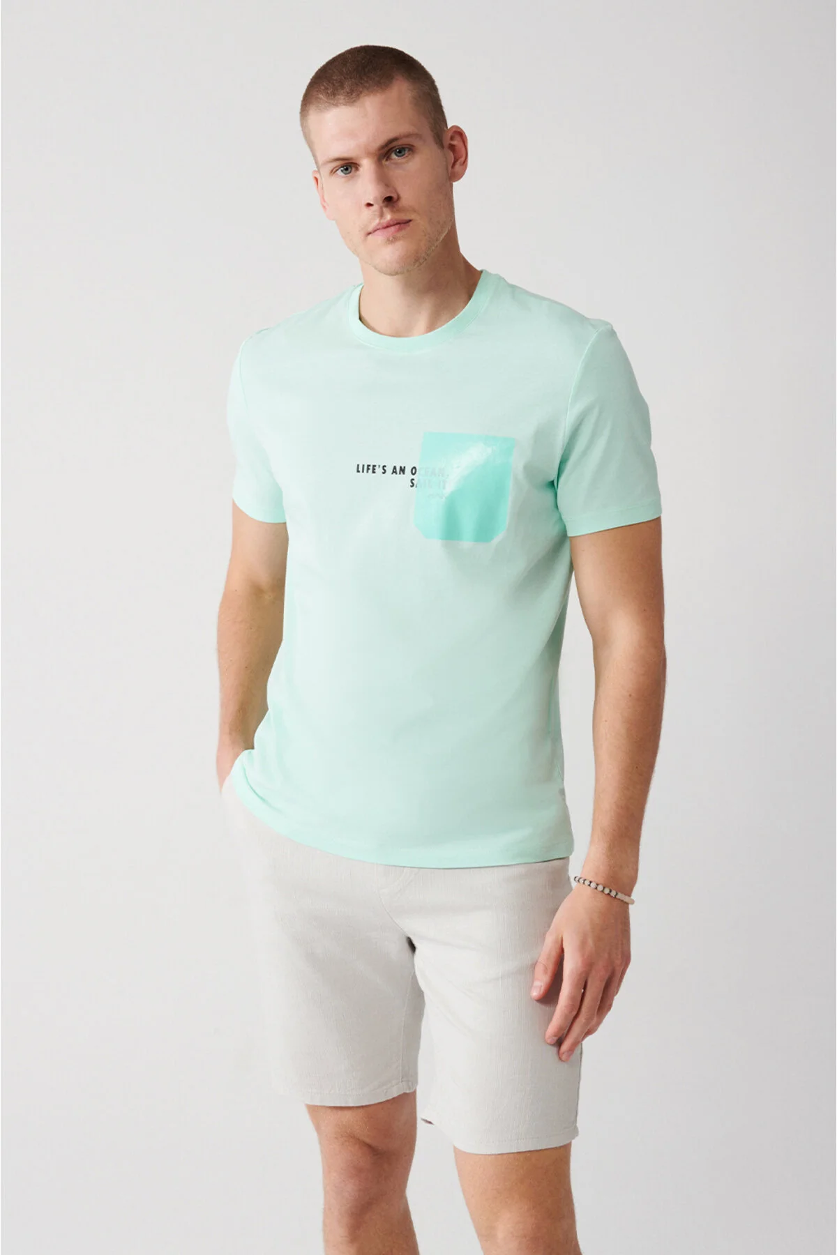 تی شرت سبز مردانه Mind Mint Green 100 ٪ Cep طرح دار آوا Avva
