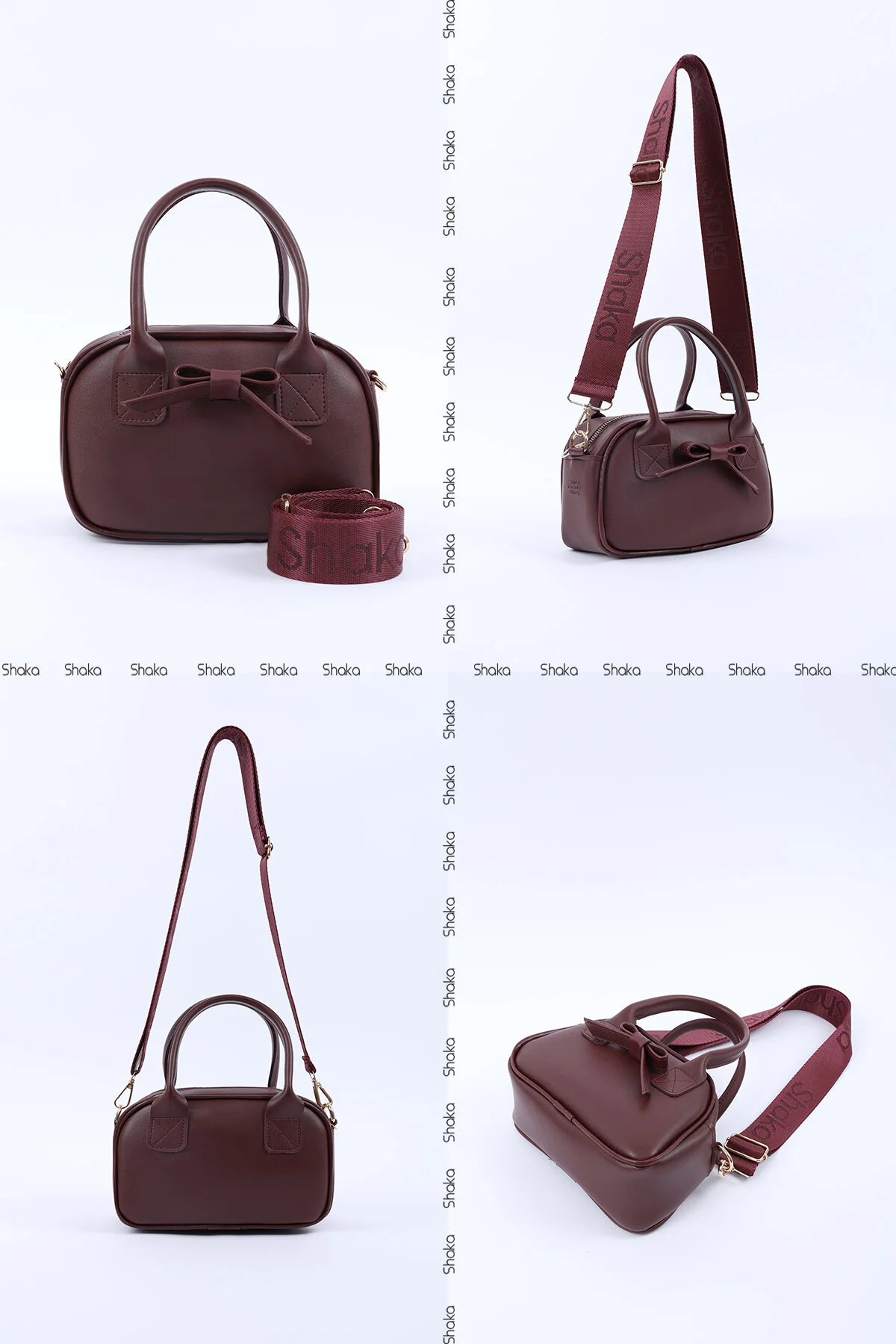 کیف شانه ای چرم مصنوعی CLARET RED SHK217 BOW تک محفظه زیپ دار بند ستونی دستی بازو و Shaka