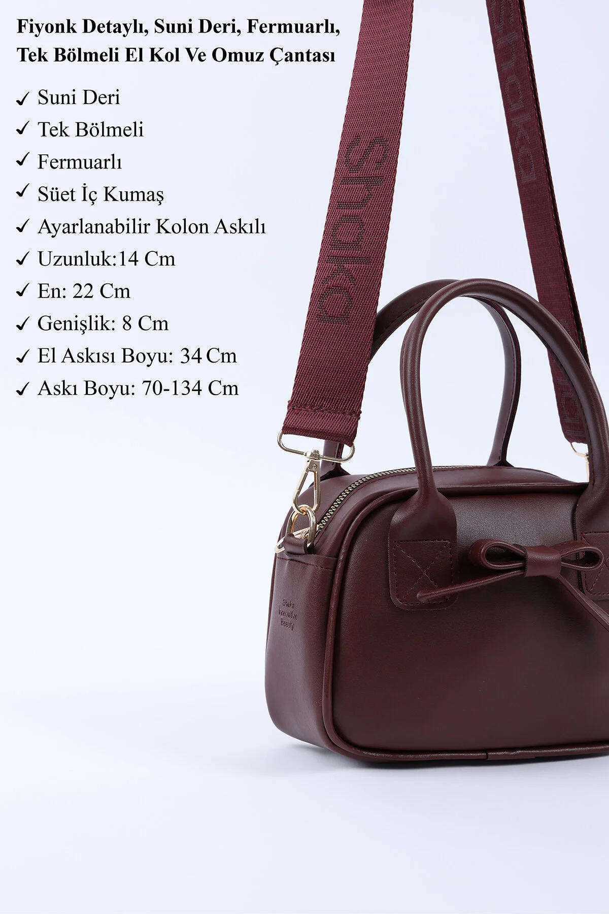 کیف شانه ای چرم مصنوعی CLARET RED SHK217 BOW تک محفظه زیپ دار بند ستونی دستی بازو و Shaka