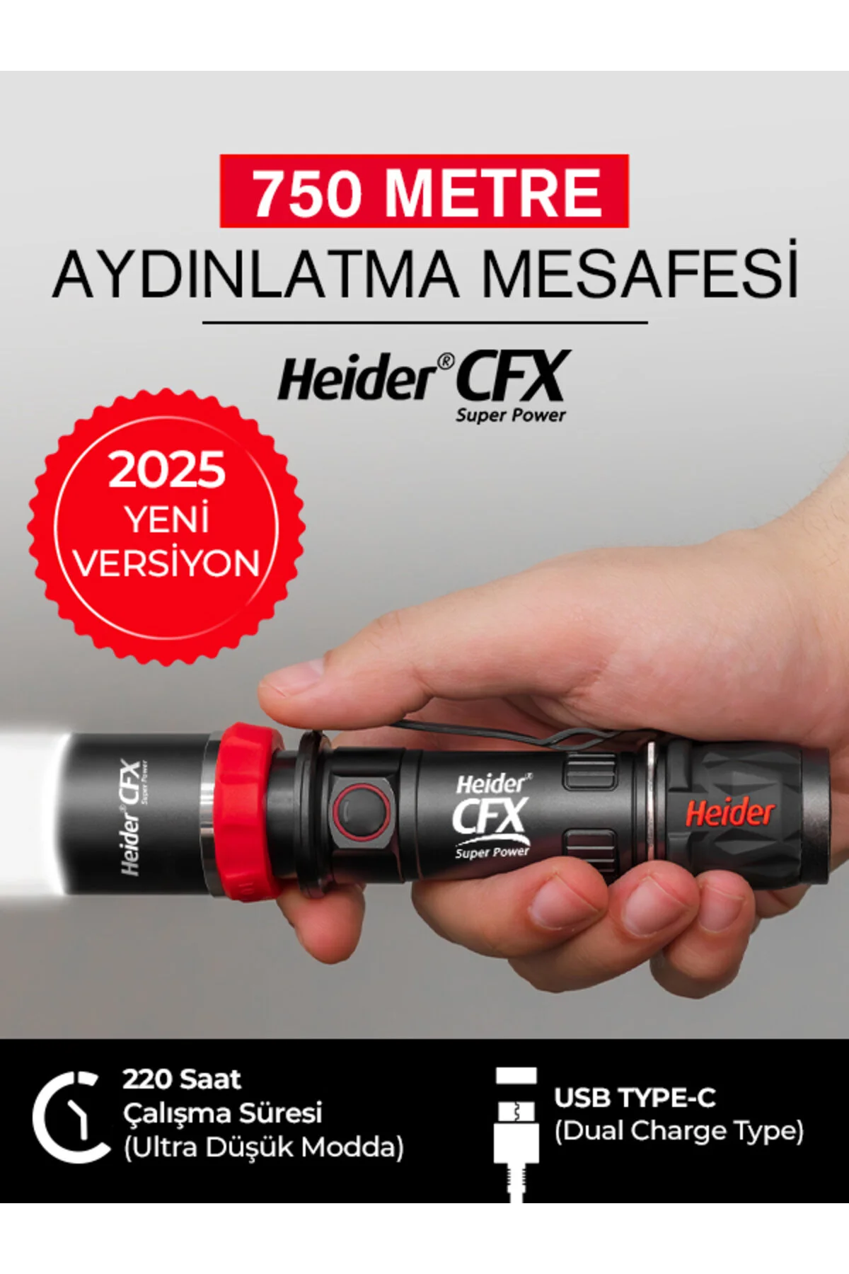 چراغ قوه جدید HEIDER CFX ZOOM SUPER POWER V4 2025 نسخه نوع شارژ دوگانه USB C +آداپتور Heider