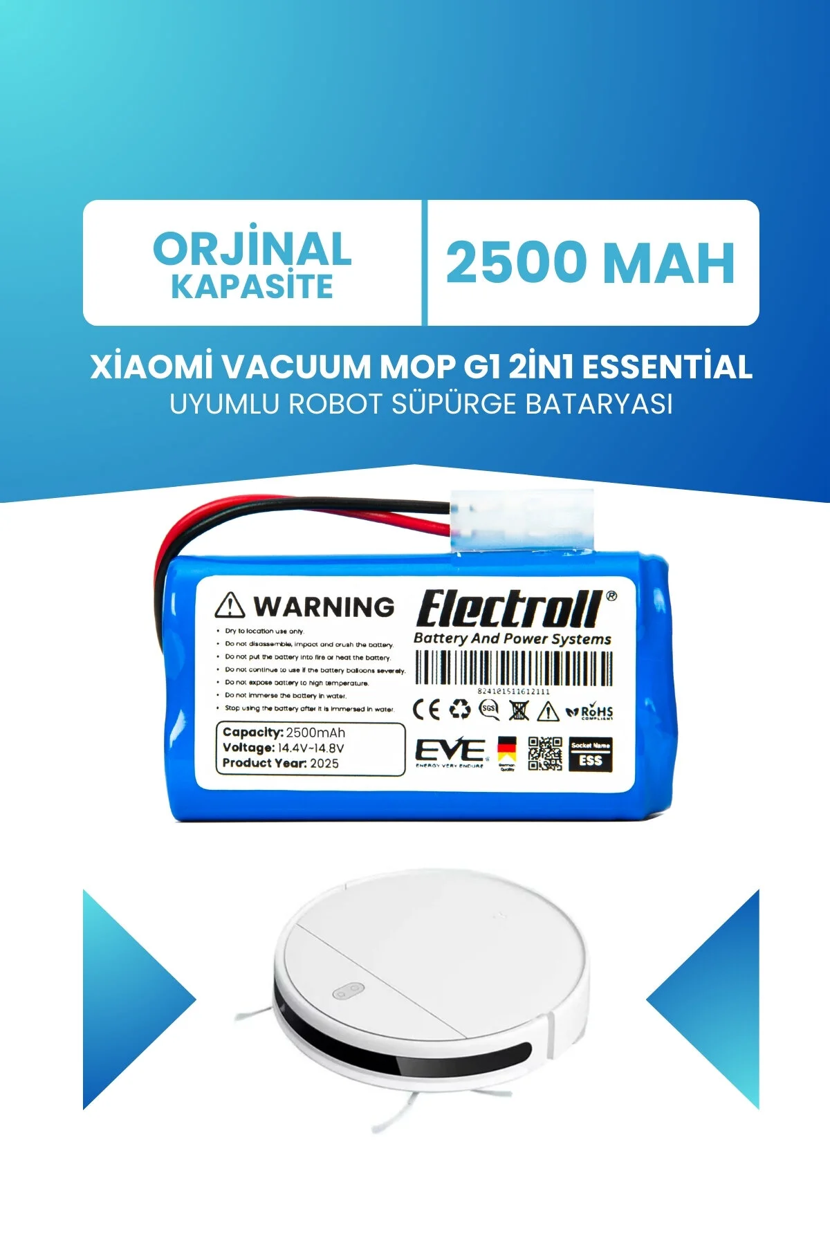 باتری و شارژر XIAOMI VACUUM MOP G1 2IN1 ESSENTIAL BATTERY ظرفیت استاندارد ربات جاروبرقی 2500MAH MJSTG1 ELECTROLL
