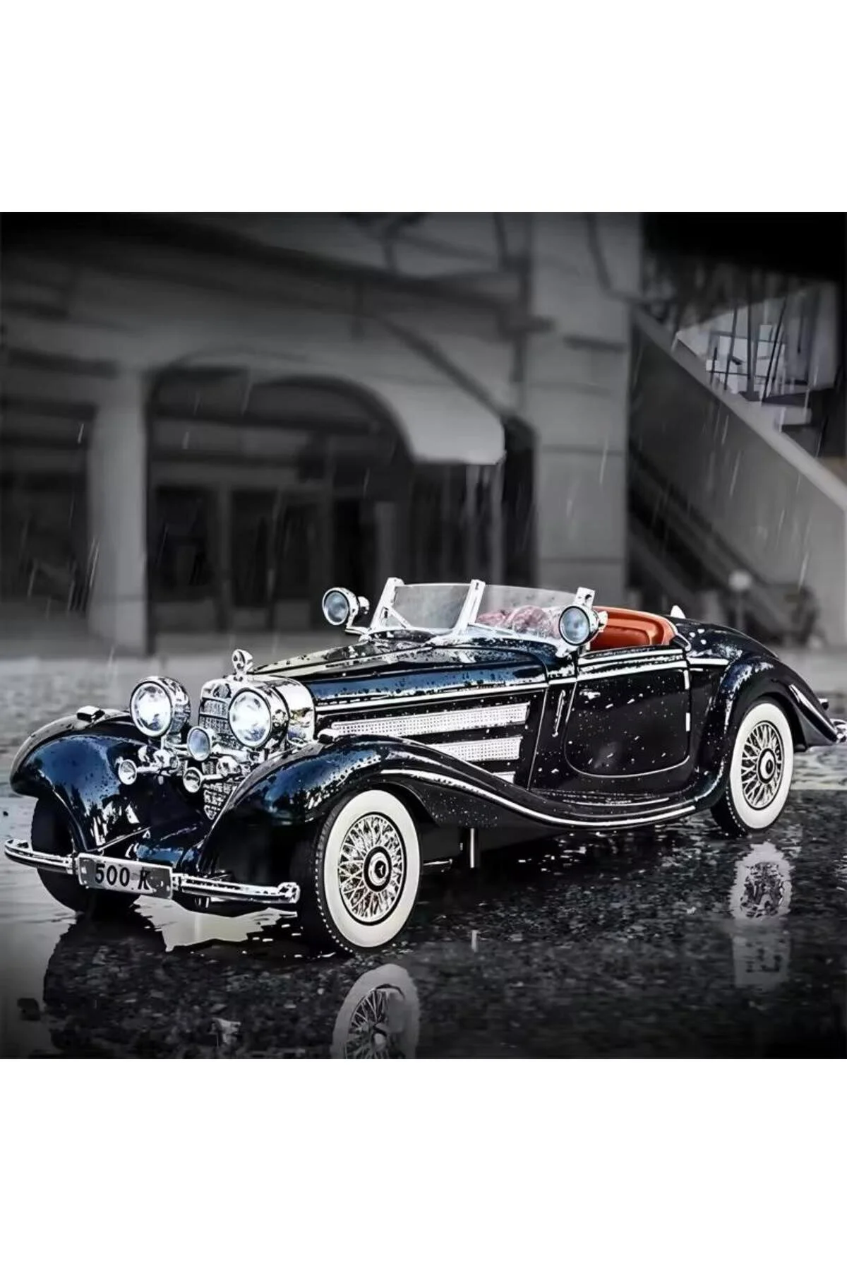 مدل خودرو MERCEDES 500K مشکی OLD کلاسیک درهای باز با صدا و چراغ مرسدس 500 K DIECAST CAR اورجینال SECTOYS