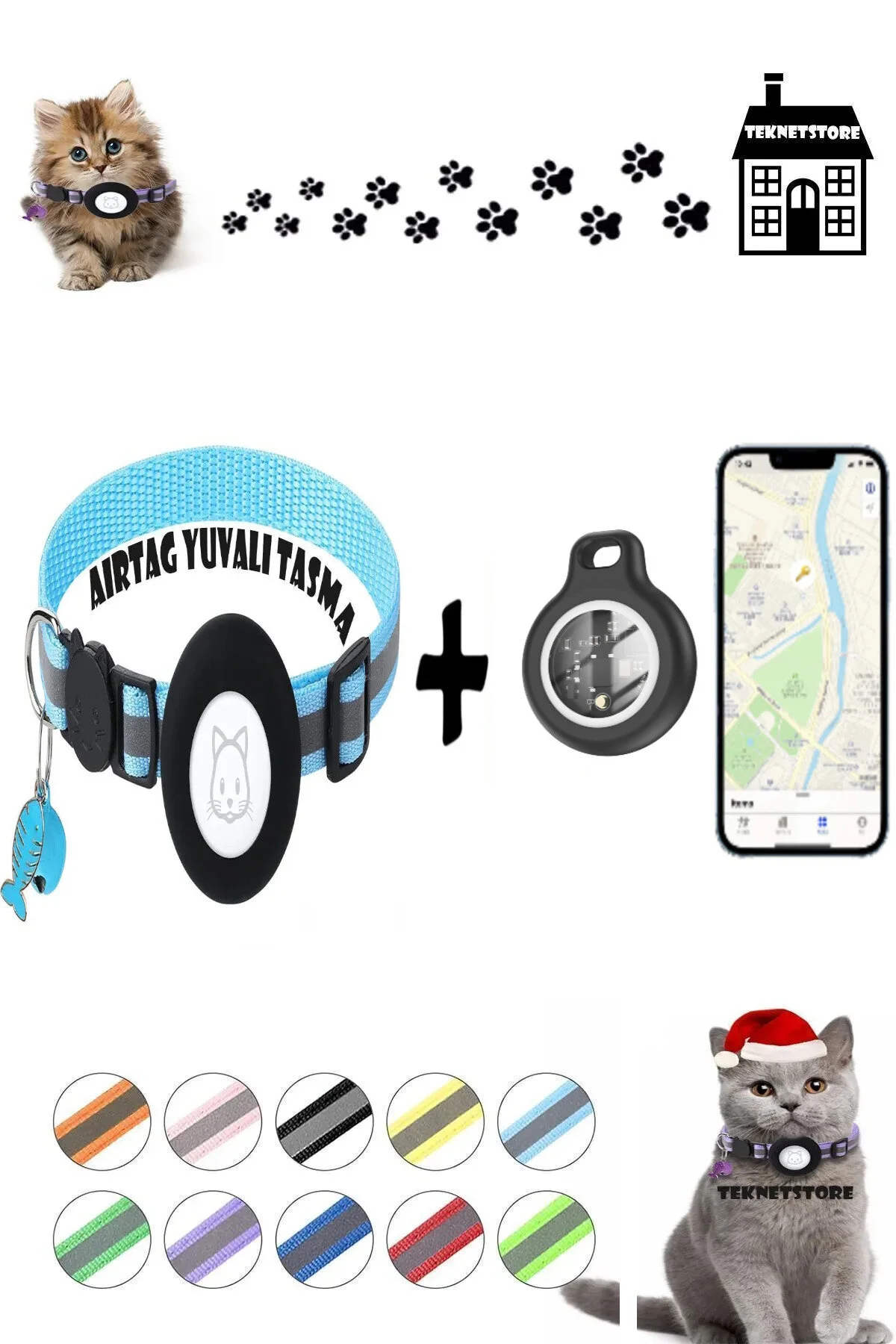 قلاده گربه یقه با دستگاه ردیابی و اسلات AIRTAG مجموعه 2 GPS گردن سازگار IOS TEKNETSTORE