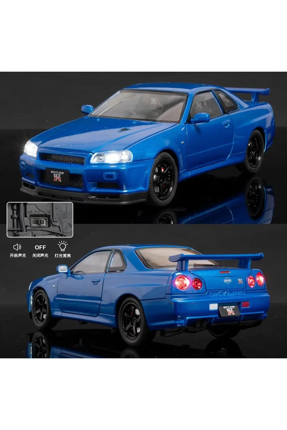 مدل خودرو NISSAN SKYLINE GTR R34 FAST AND FURIOUS 1:24 BLUE DIECAST METAL COLLECTION LIGHT alpmodel