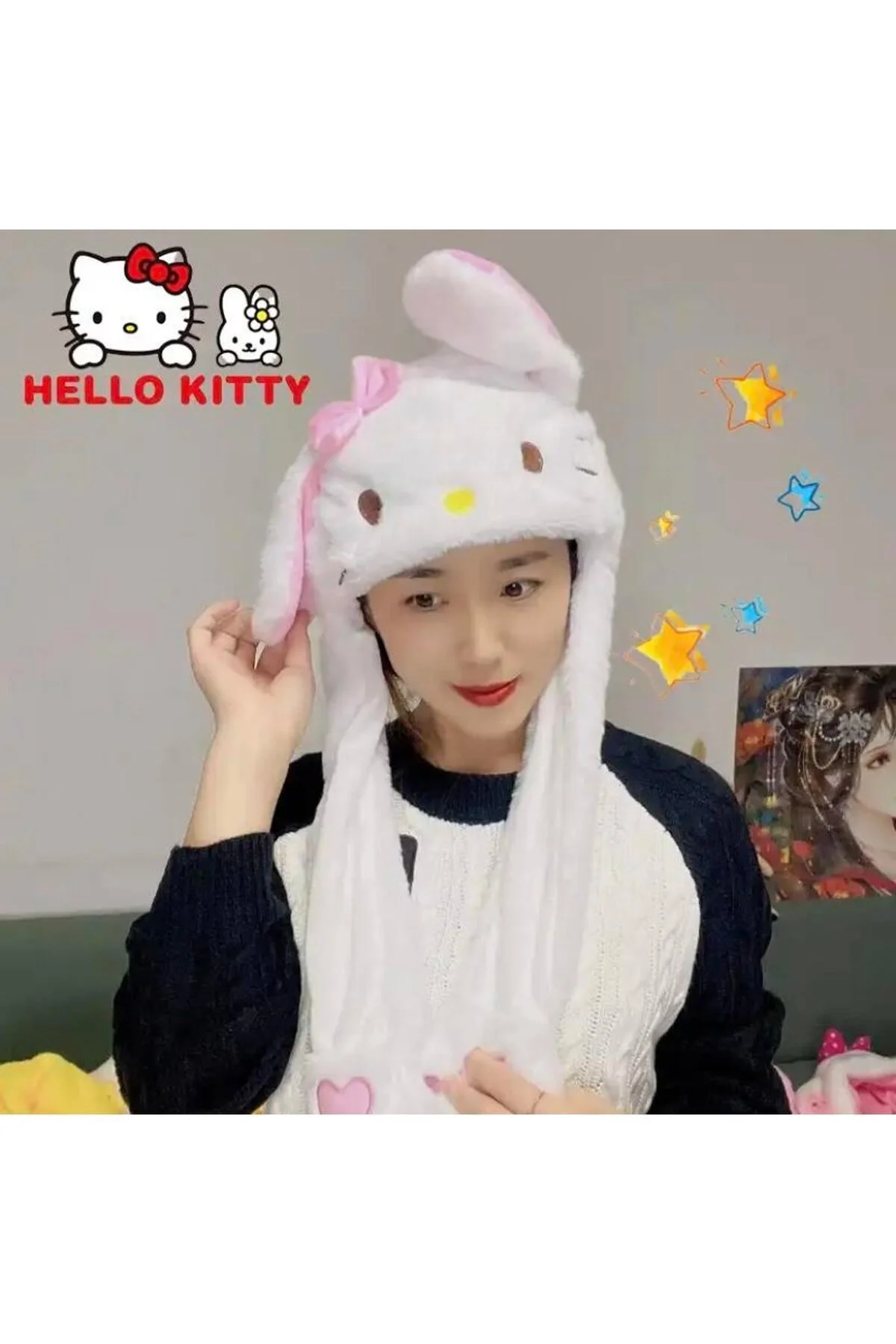 اسباب بازی های پشمی کلاه HELLO KITTY SANRIO KUROMI با گوش‌های متحرک مخملی حالت روشن MJ TOYS