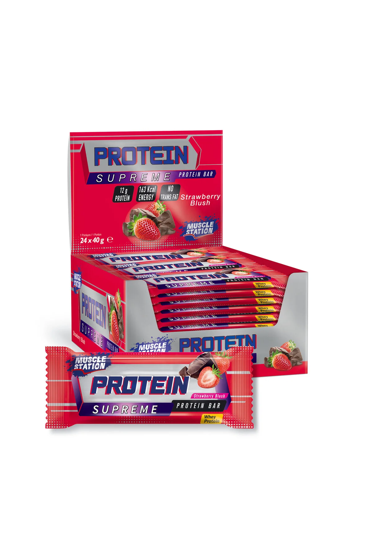 پروتئین بار شکلات توت فرنگی شکلاتی سوپریم استرابری بلاش 40 گرم اورجینال Muscle Station
