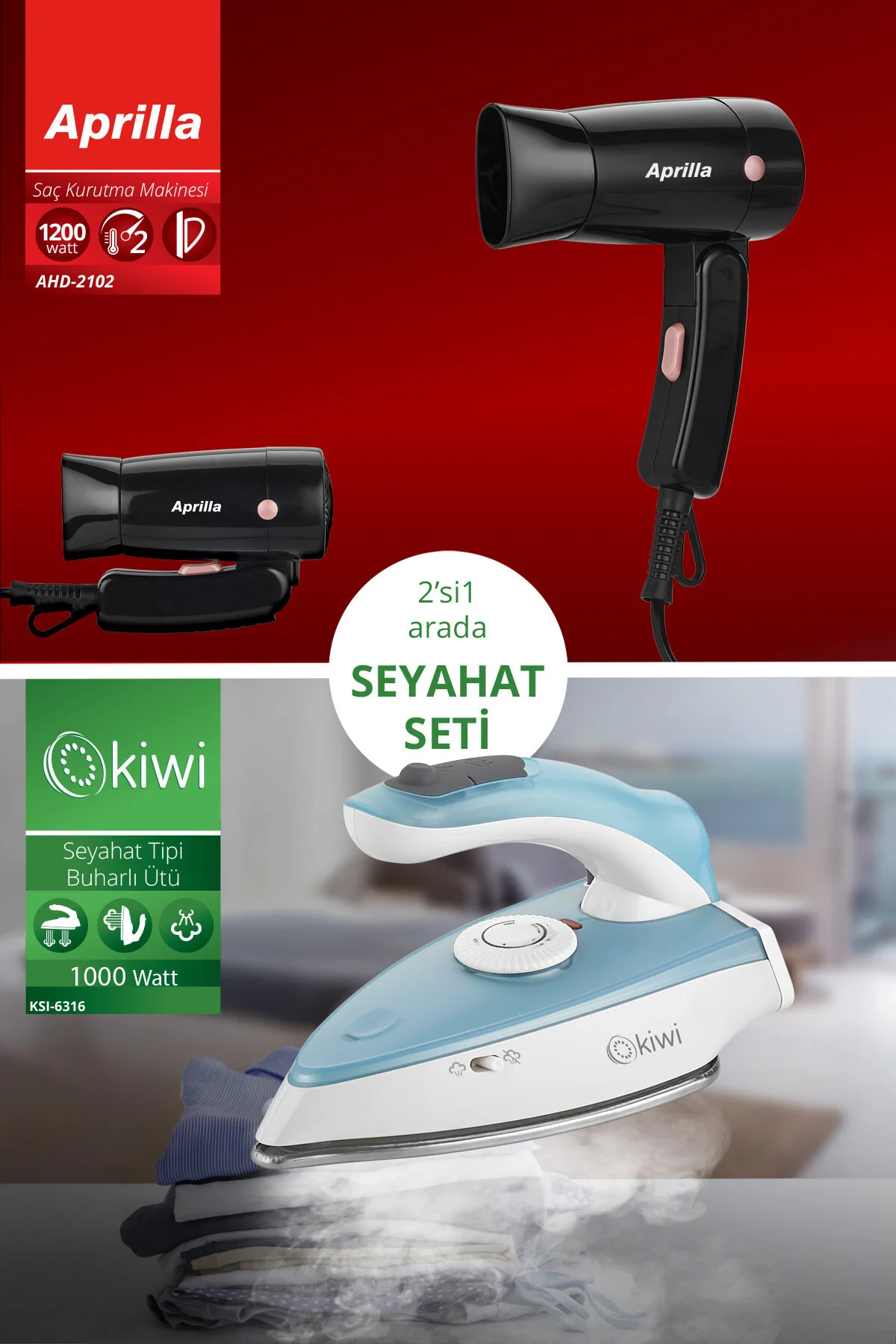 اتو بخار KATS 12 ست مسافرتی تاشو 2 در 1 شامل و سشوار اورجینال Kiwi