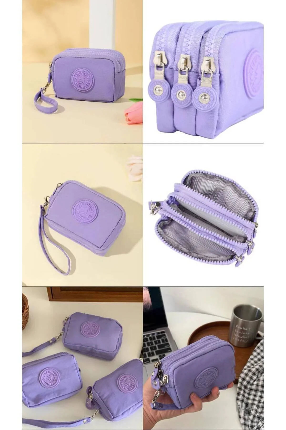 کیف پول سکه ای سه زیپ دار نرم با مچ بند یاسی رنگ rinkadoll