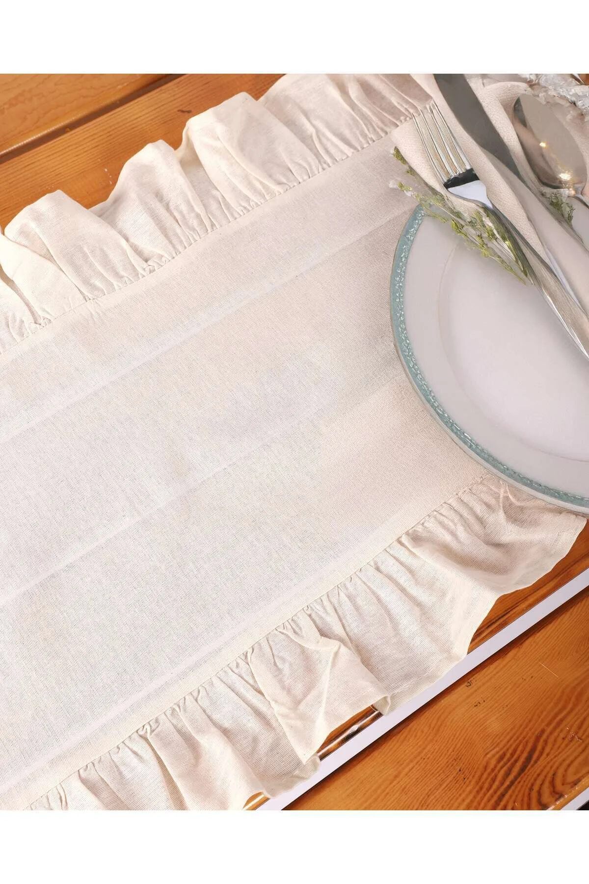 رانر و زیر بشقابی 3 قطعه جدول کتانی مجموعه 2 سرویس آمریکایی SUPLA + 1 RUNNER FRILLY 40X110 سانتی متر ÇIQRIK HOME
