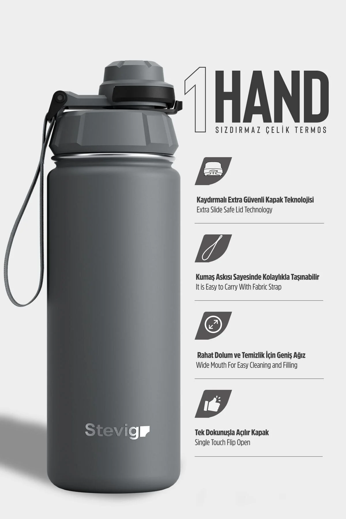 فلاسک 1 قمقمه فولادی ضد نشتی 500 میلی لیتری GREY ST 209 اورجینال Stevig