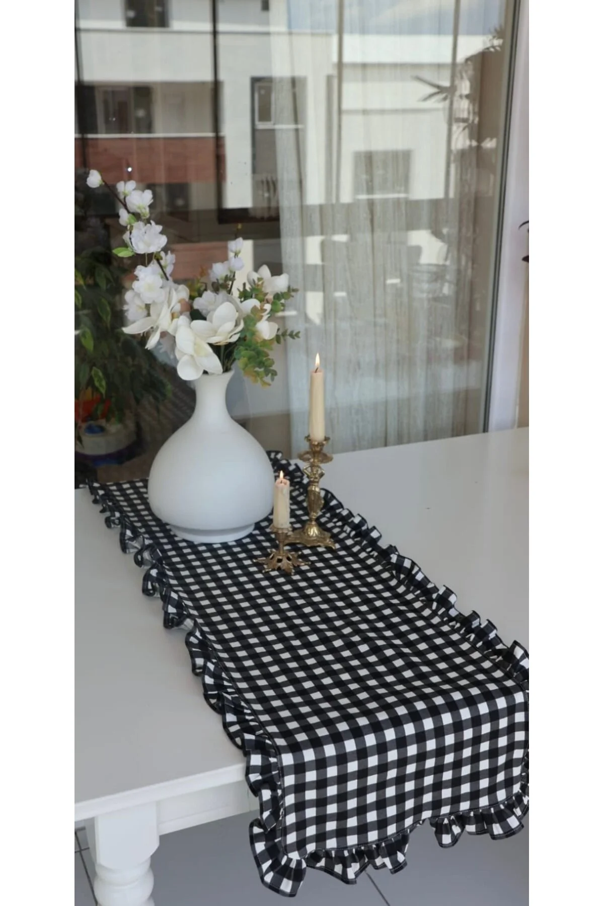 رانر و زیر بشقابی RUNNER KARELI RUFFLE VINTAGE مشکی DUCK LINEN 40X130 vintagetasarım