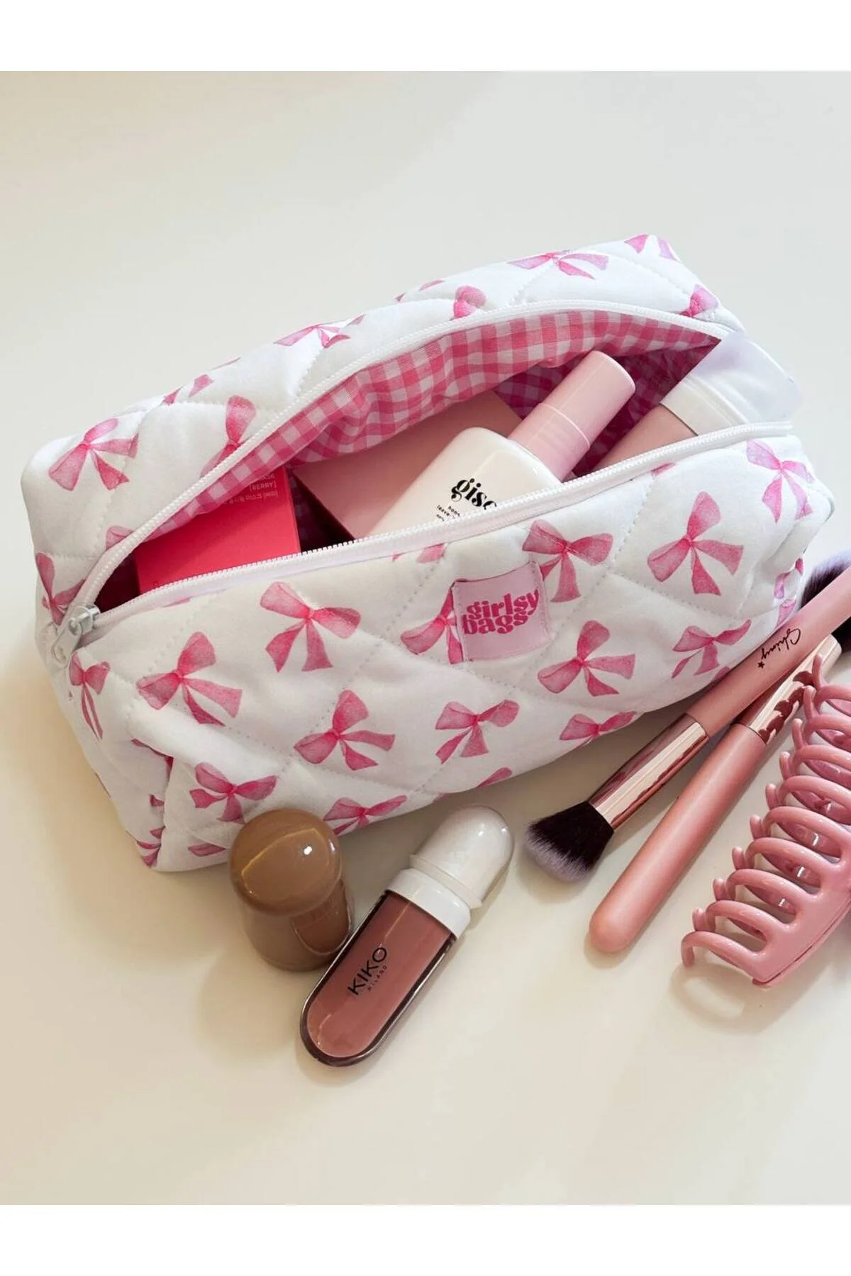 کیف لوازم آرایش کیسه روبان صورتی نمونه کارها با اندازه بزرگ girlsybags