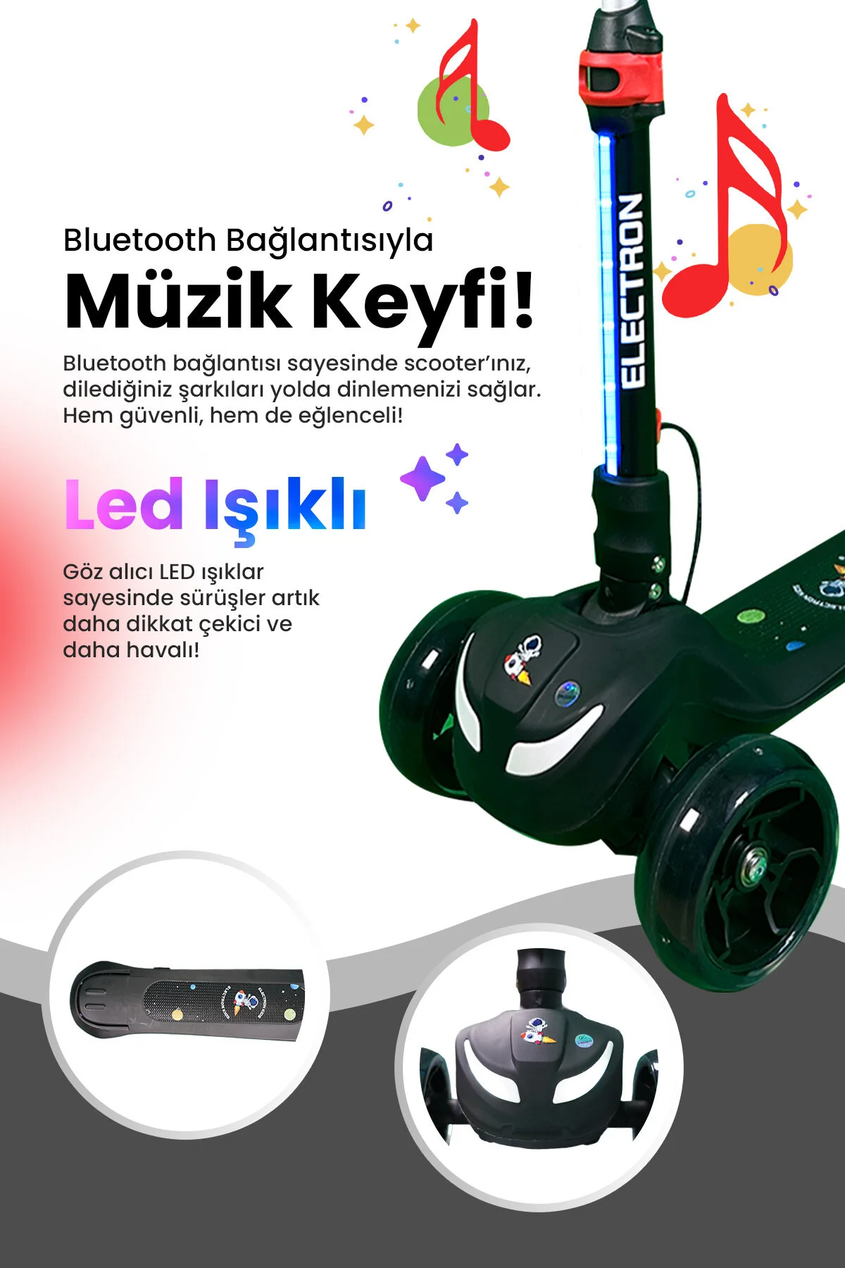 اسکوتر کودکان برقی قابل تنظیم ارتفاع 3 چرخ با چراغ های LED و بلندگو 60 وات Electron