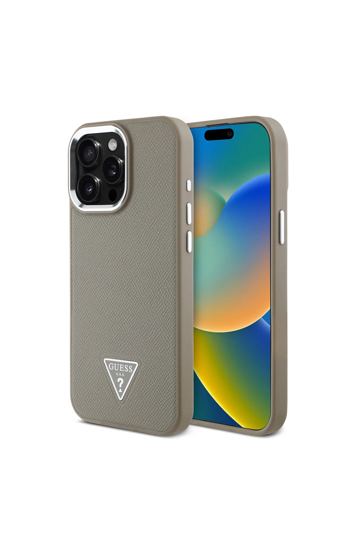 کاور و قاب APPLE IPHONE 15 PRO MAX CASE GUESS دارای مجوز شارژ M SAFE پوشش مثلث دانه دار قهوه ای اورجینال Guess
