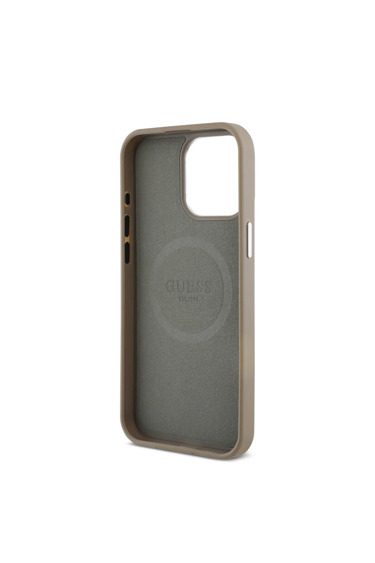 کاور و قاب APPLE IPHONE 15 PRO MAX CASE GUESS دارای مجوز شارژ M SAFE پوشش مثلث دانه دار قهوه ای اورجینال Guess