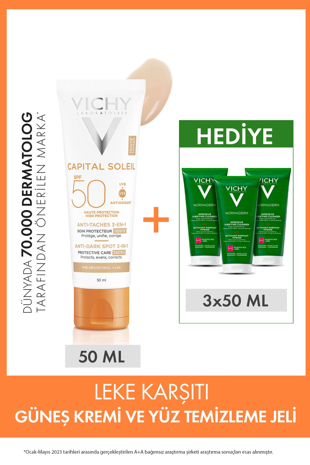 ست مراقبت پوست مجموعه از ضد پوست: CAPITAL SOLEIL COLORED آفتاب SPF50+ 50 میل و ژل تمیز کننده صورت X3 ویشی Vichy