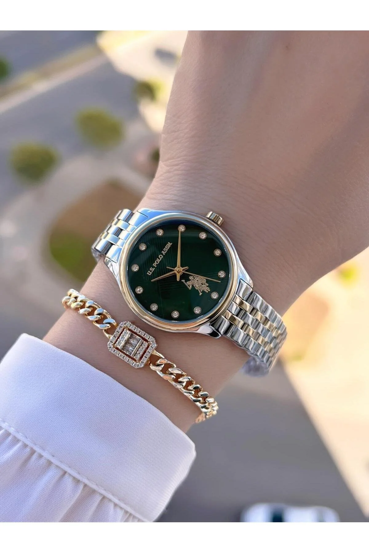 ساعت بند ناف فولادی U.S.POLO ASSN 2 سال ضمانت 3 مچی زنان مقاوم در برابر آب+دستبند UA.2071.M02 یو اس پولو اورجینال U.S. Polo Assn.