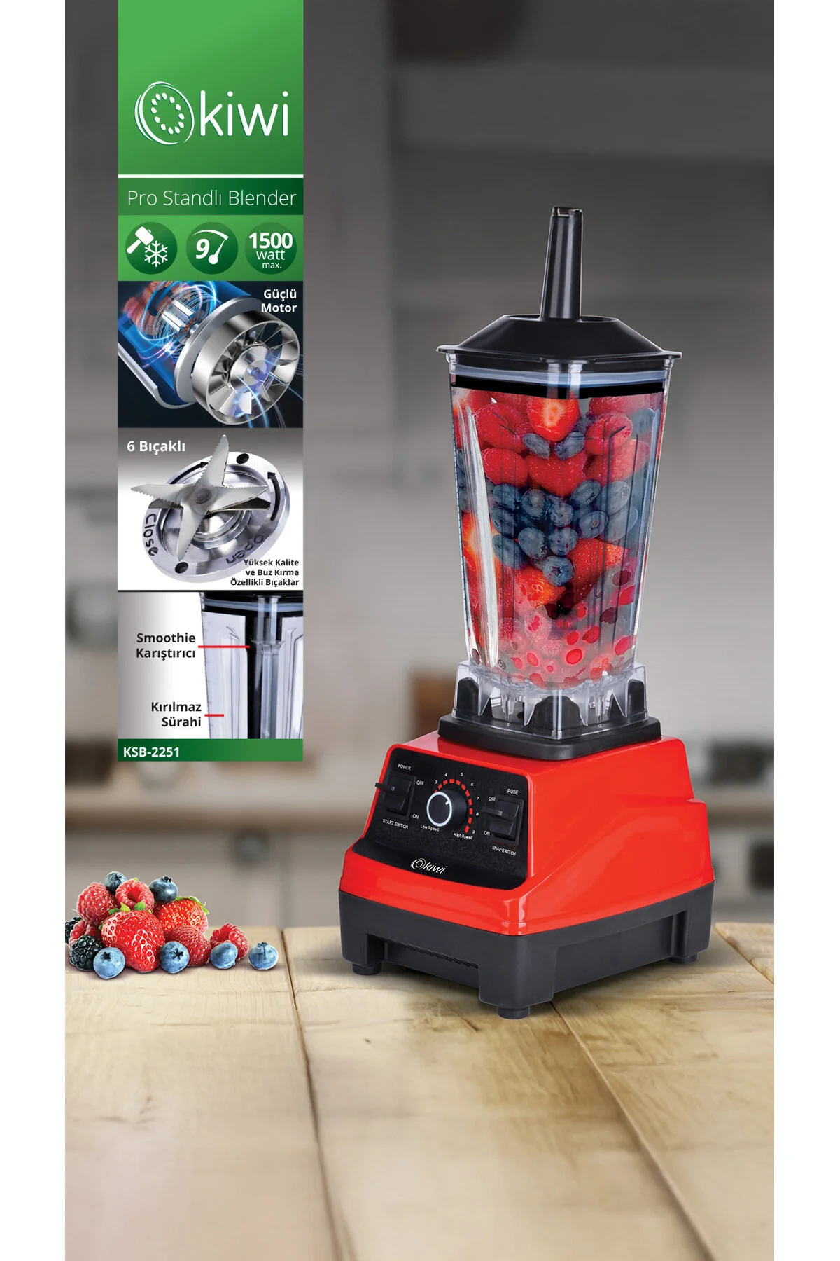 مخلوط کن شخصی بلندر پایه KSB 2251 2000W PRO با 6 تیغه فولادی ضد زنگ اورجینال Kiwi