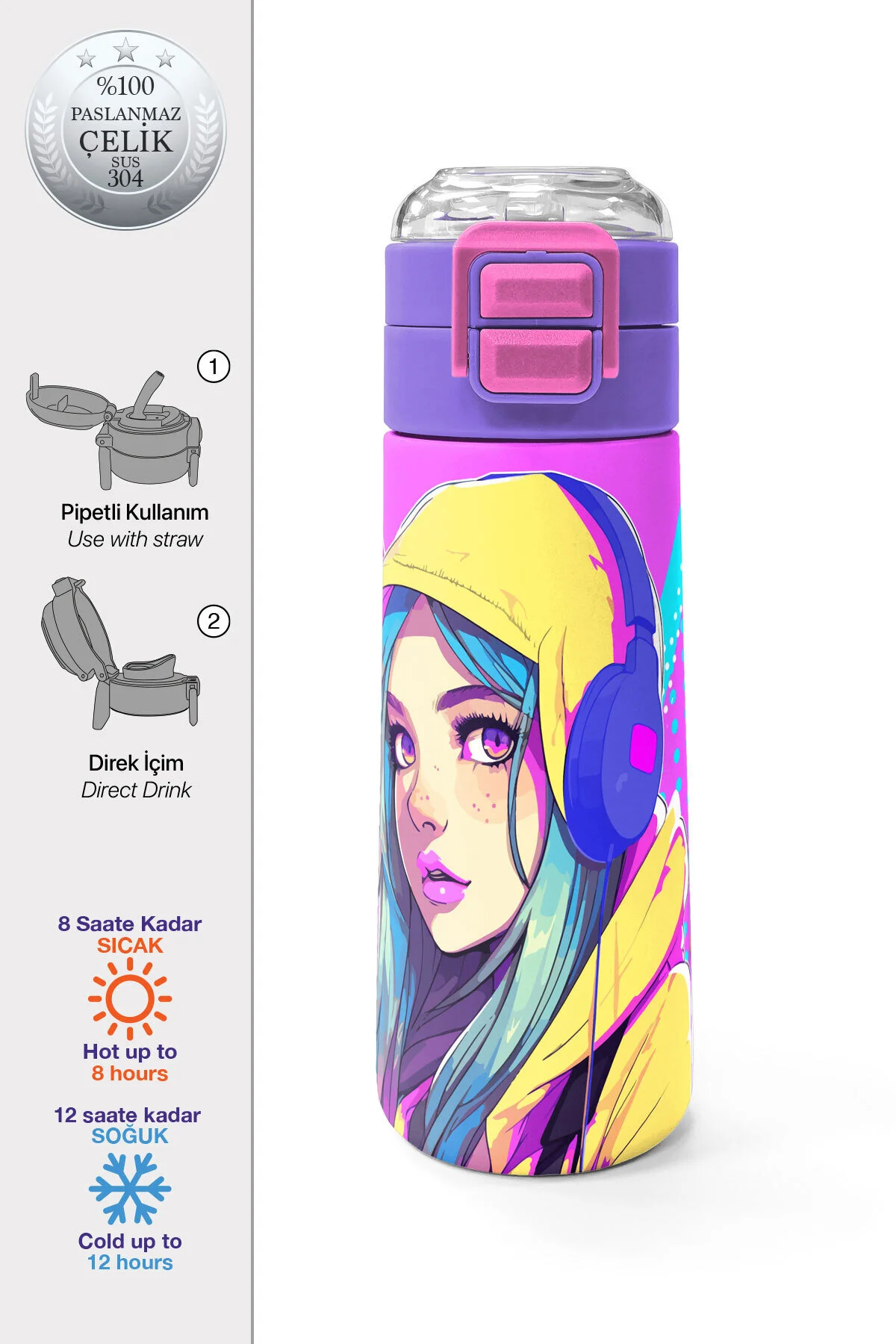 قمقمه و فلاسک استیل طرحدار دخترانه گوشواره فیروزه ای بچه گانه با نی نوشیدنی مستقیم 500 میلی لیتری 31835 Coral High