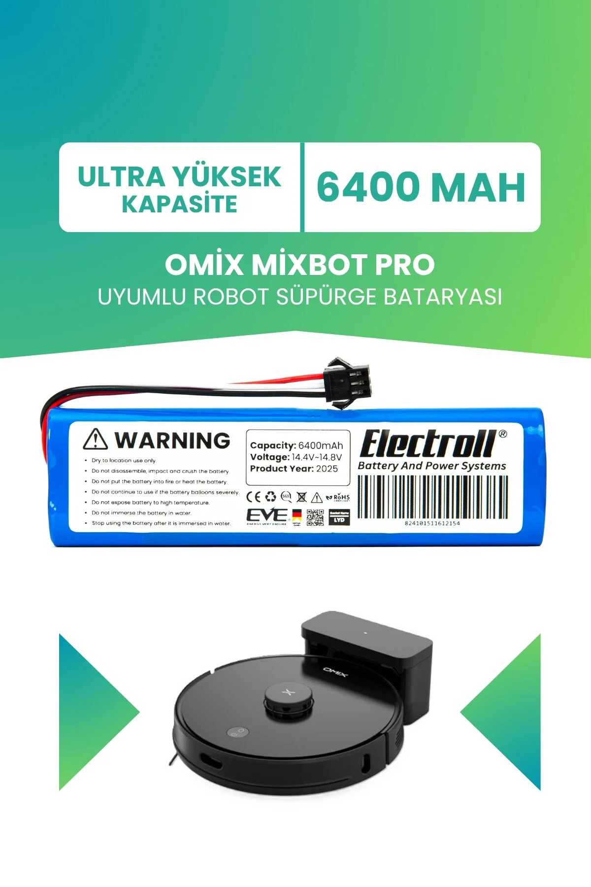 باتری و شارژر سازگار OMIX MIXBOT PRO ظرفیت فوق العاده بالا جاروبرقی ربات با 6400MAH ELECTROLL