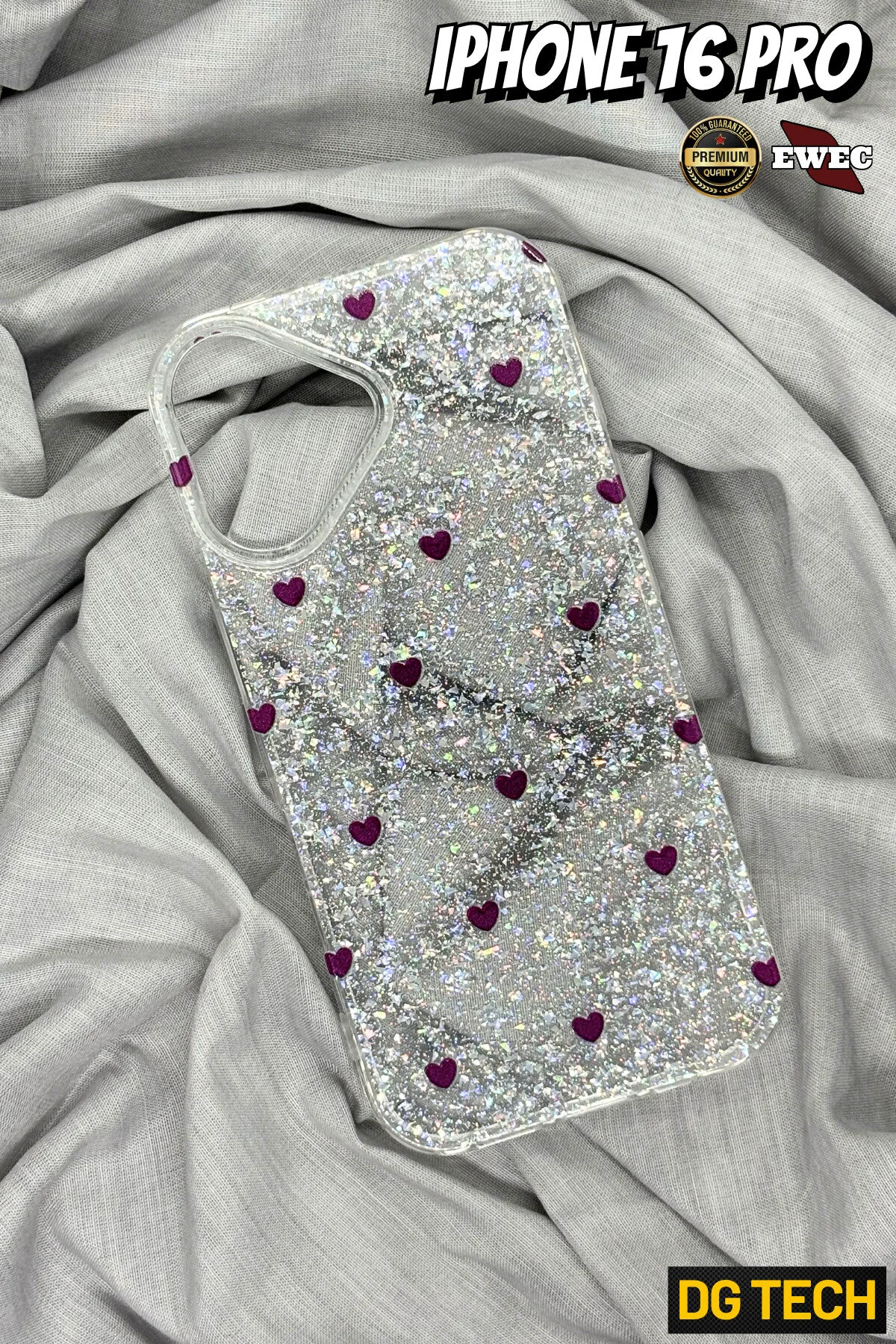 کاور و قاب گوشی پرمیوم براق شفاف بنفش TINY HEART GLITTER سازگار با آیفون 16 پرو EWEC